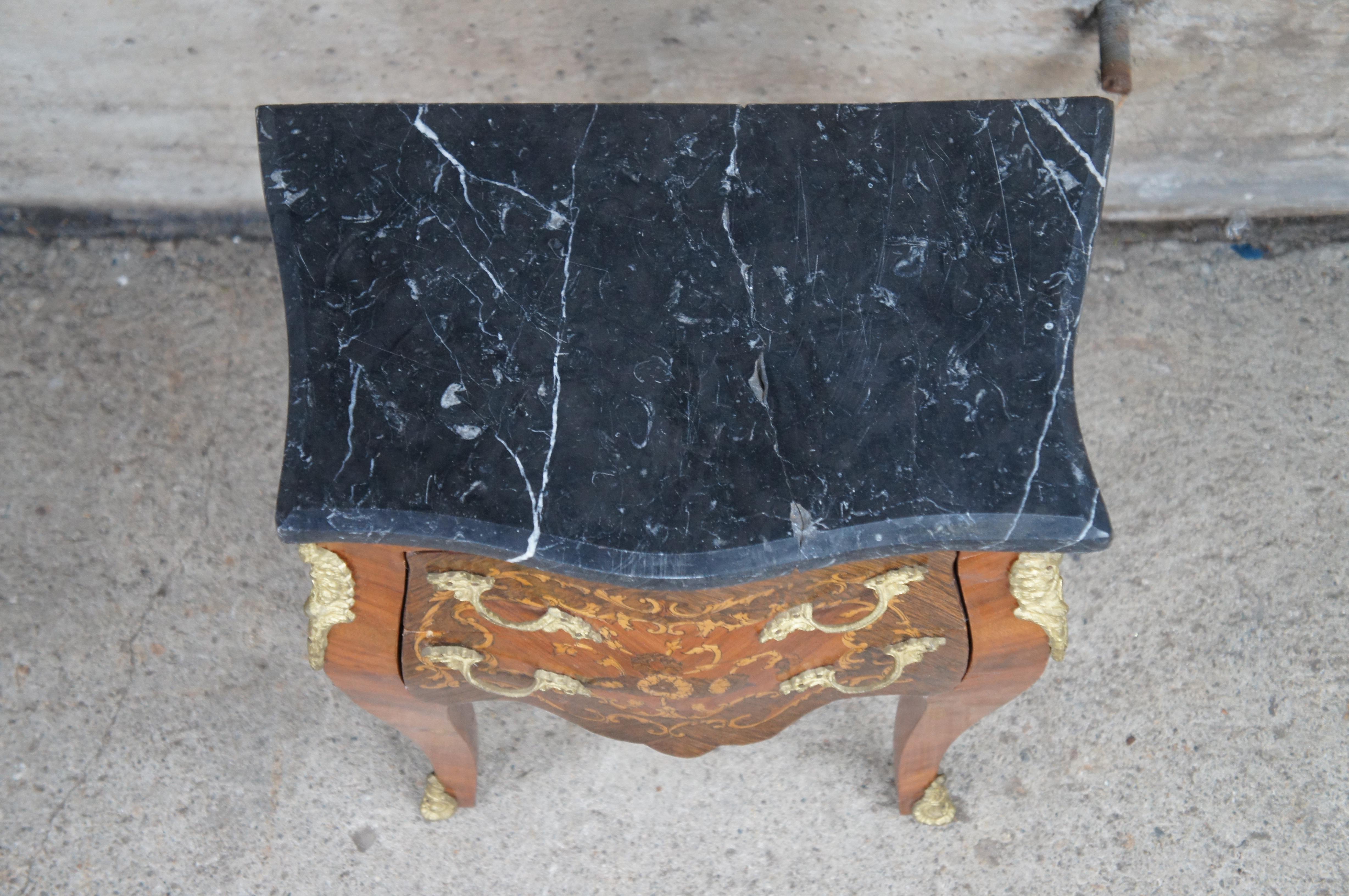 20th Century French Louis XVI Serpentine Walnut Bombe Marble Commode Nightstand Petite Chest For Sale