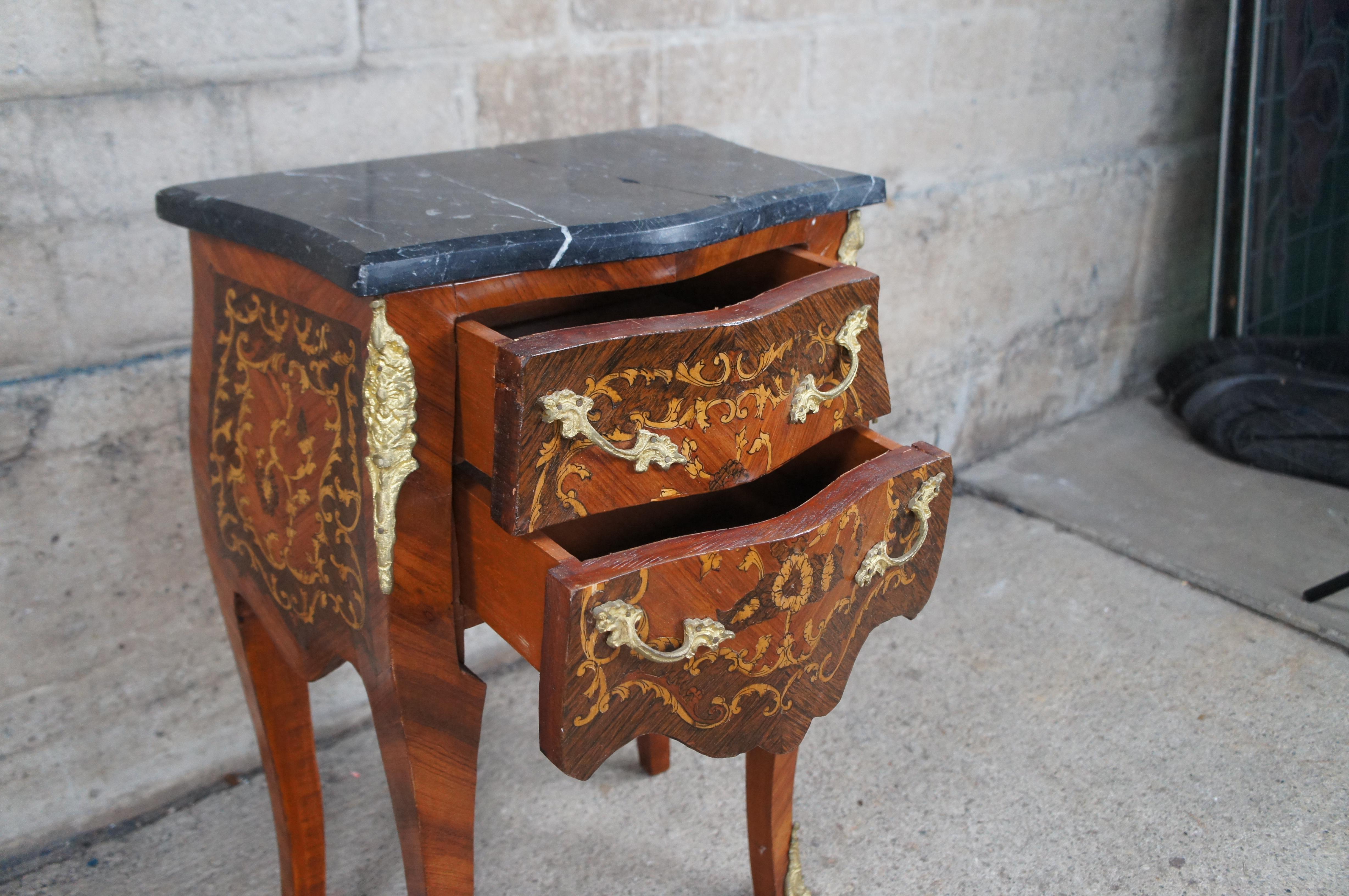 French Louis XVI Serpentine Walnut Bombe Marble Commode Nightstand Petite Chest For Sale 2