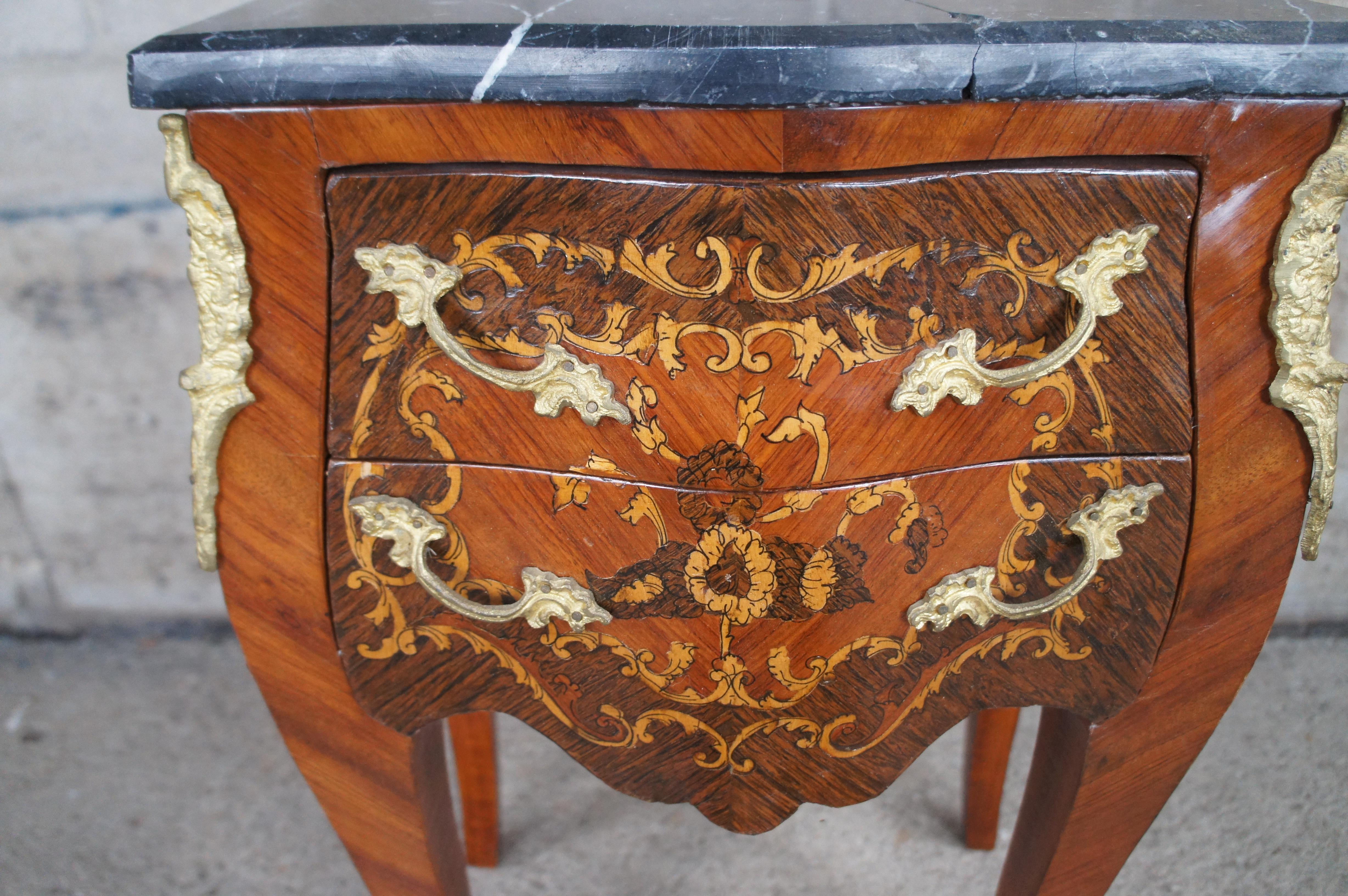 French Louis XVI Serpentine Walnut Bombe Marble Commode Nightstand Petite Chest For Sale 4
