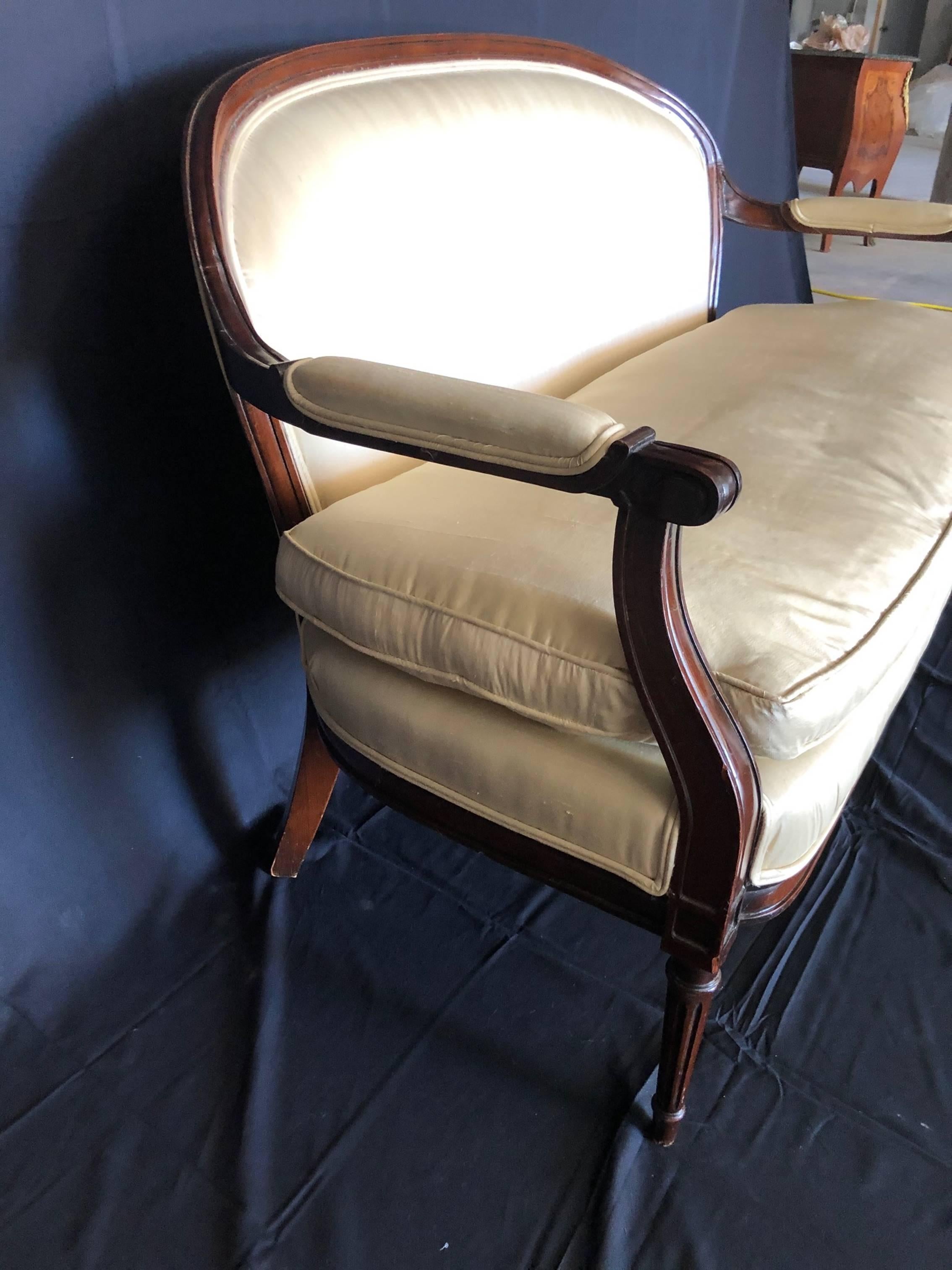 American French Louis XVI Silk and Mahogany Loveseat Settee Sofa