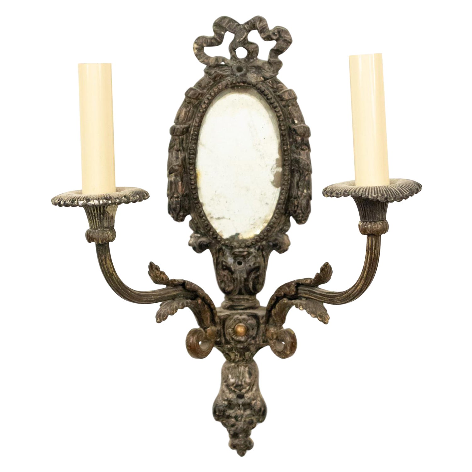French Louis XVI Silver Plate Mirrored Wall Sconce