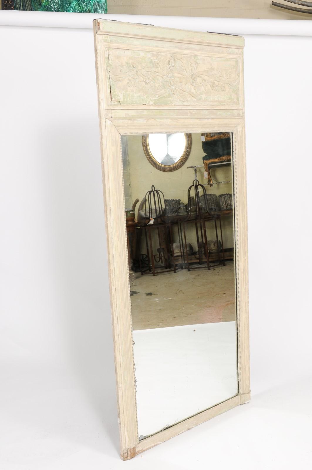 French Louis XVI Style 1840s Painted Trumeau Mirror with Original Mercury Glass 2