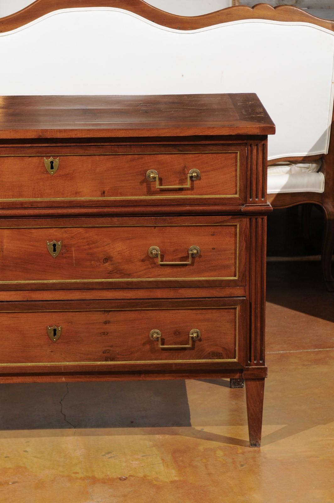 19th Century French Louis XVI Style 1840s Walnut Three-Drawer Commode with Brass Accents