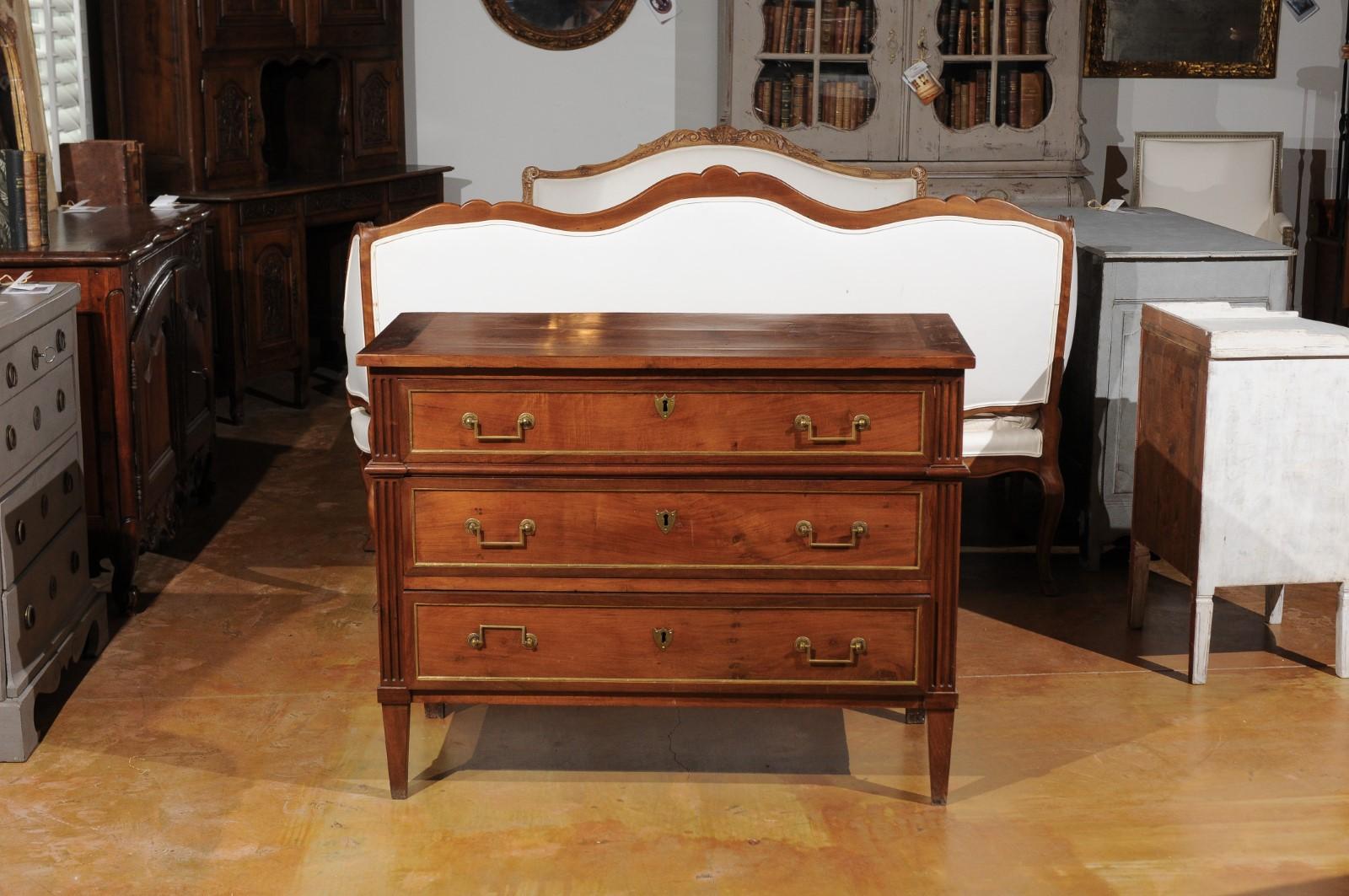 French Louis XVI Style 1840s Walnut Three-Drawer Commode with Brass Accents 1
