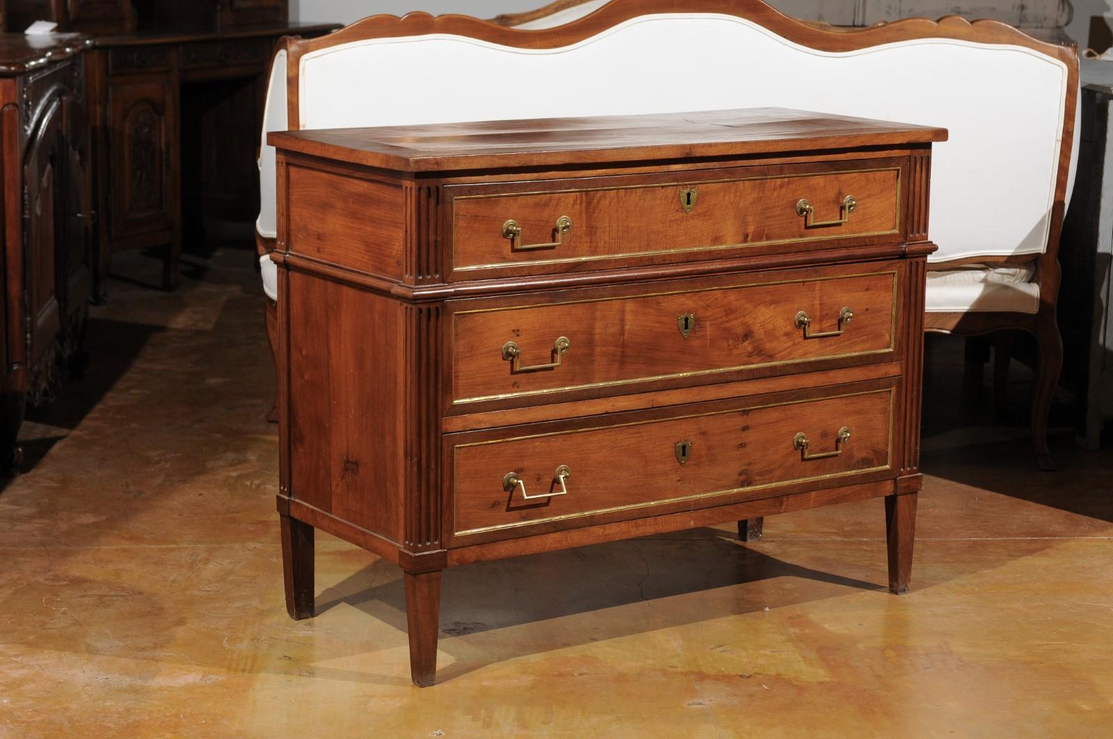 French Louis XVI Style 1840s Walnut Three-Drawer Commode with Brass Accents 2