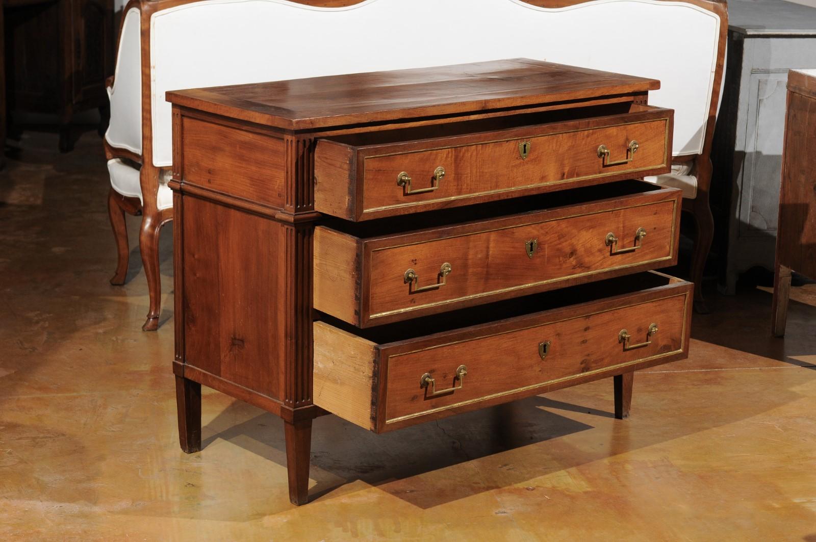 French Louis XVI Style 1840s Walnut Three-Drawer Commode with Brass Accents 3