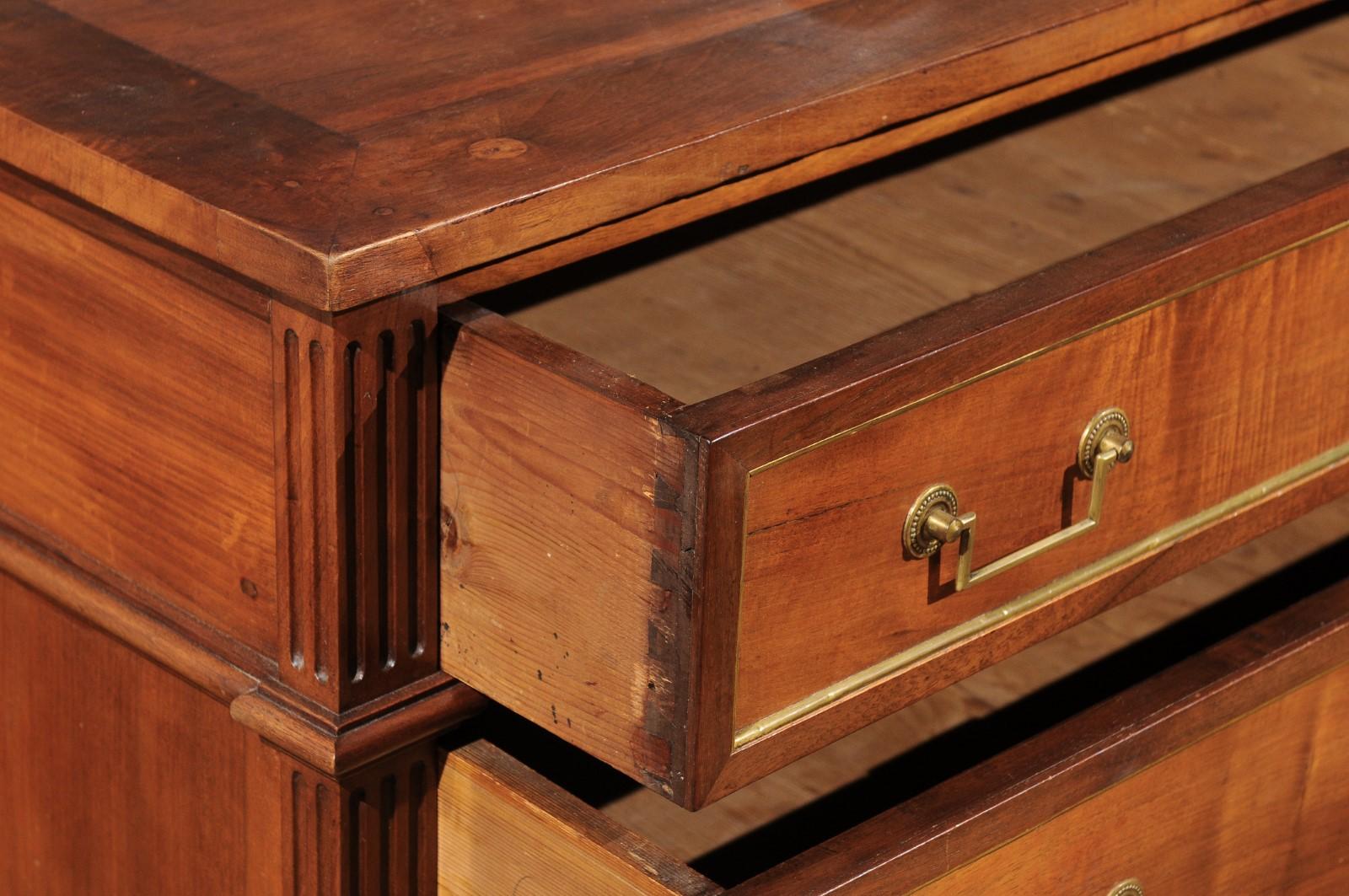 French Louis XVI Style 1840s Walnut Three-Drawer Commode with Brass Accents 4