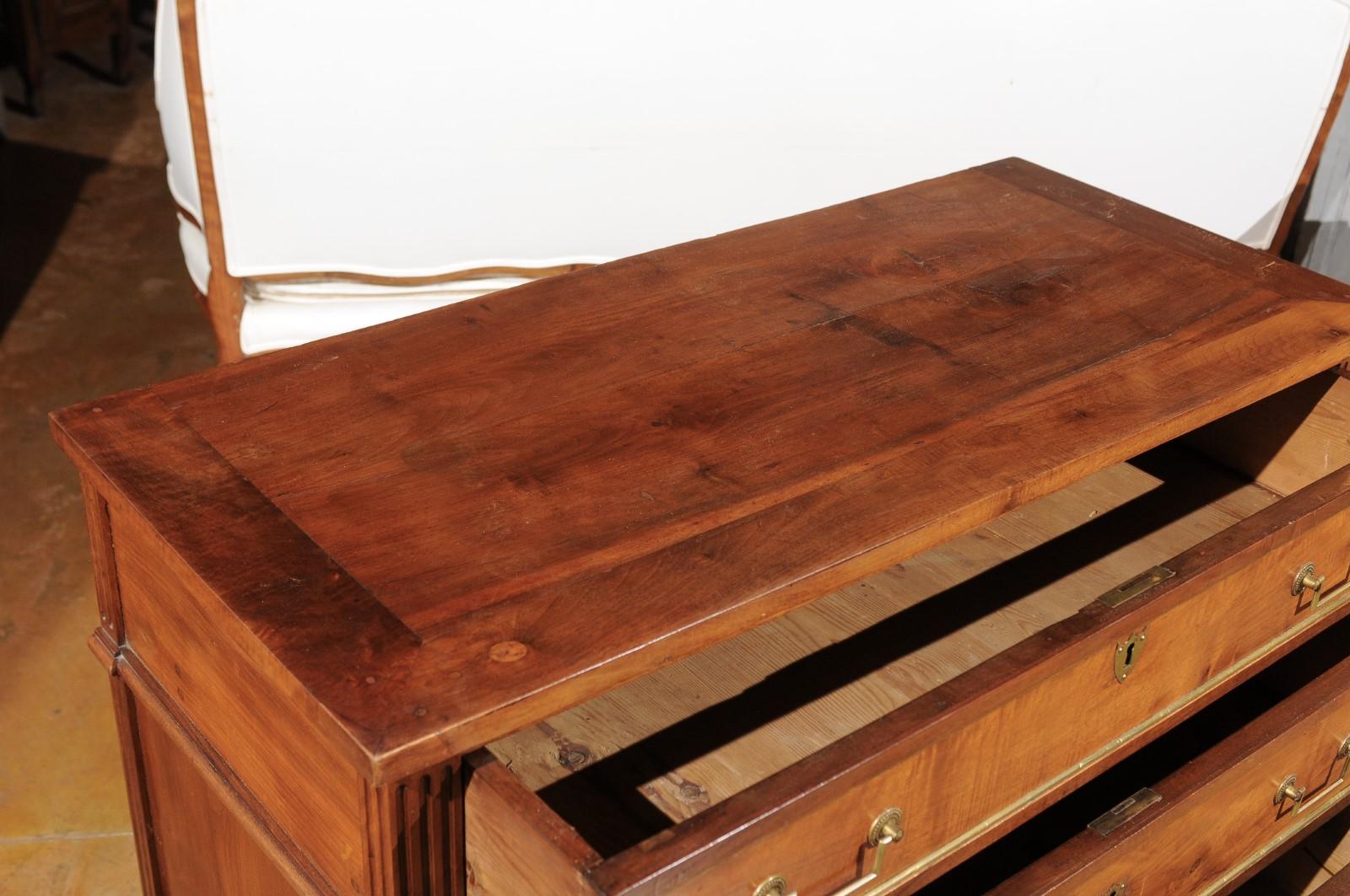 French Louis XVI Style 1840s Walnut Three-Drawer Commode with Brass Accents 5