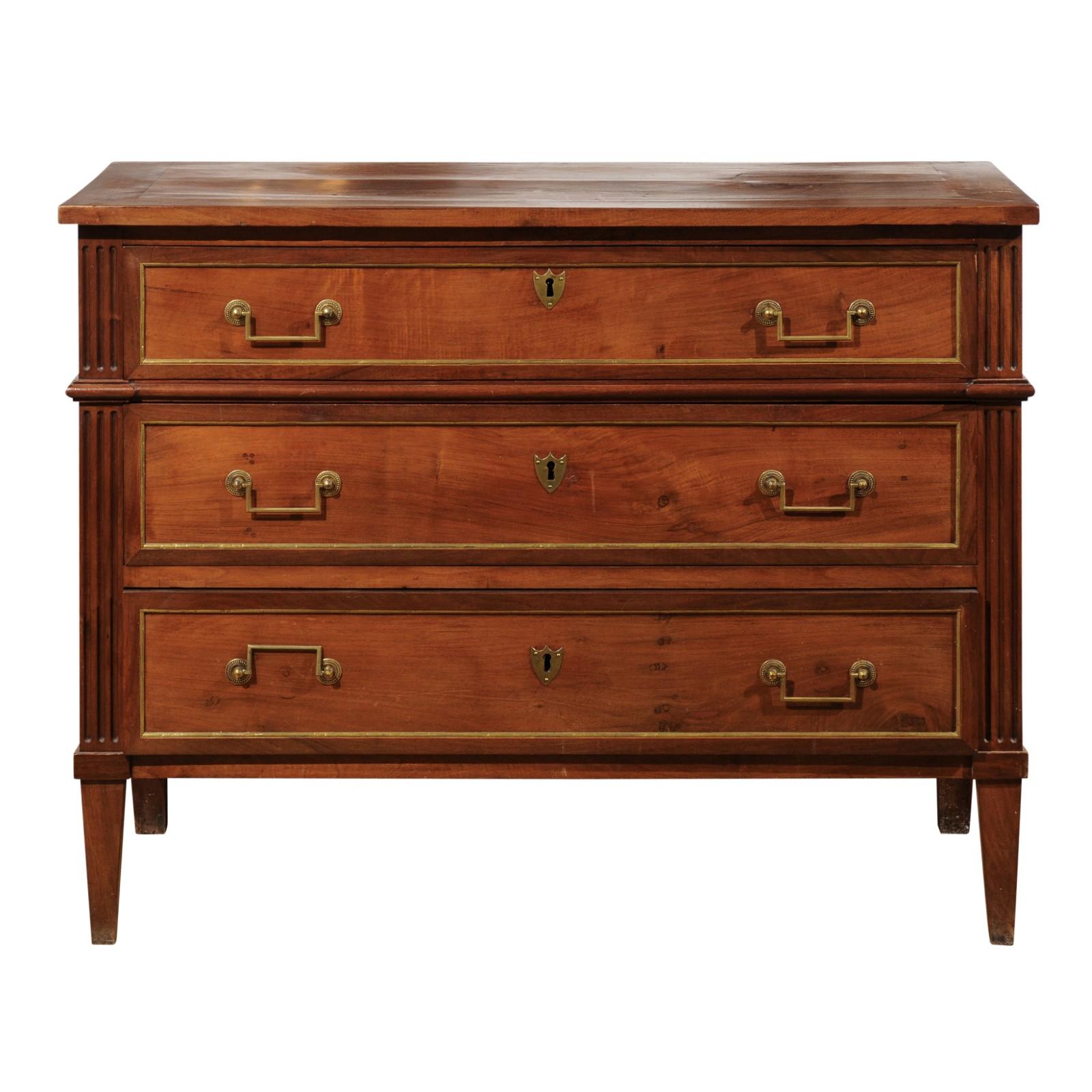 French Louis XVI Style 1840s Walnut Three-Drawer Commode with Brass Accents