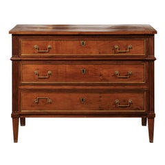 French Louis XVI Style 1840s Walnut Three-Drawer Commode with Brass Accents