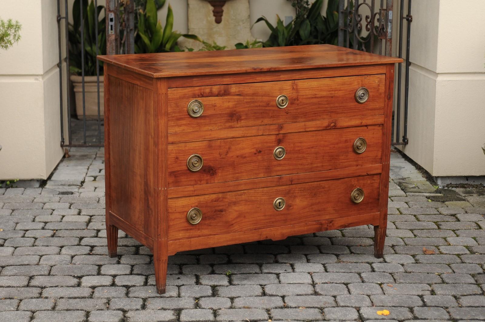 19th Century French Louis XVI Style 1840s Walnut Three-Drawer Commode with Butterfly Veneer