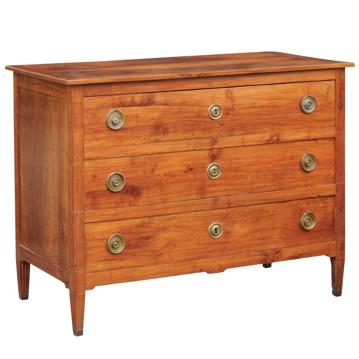 French Louis XVI Style 1840s Walnut Three-Drawer Commode with Butterfly Veneer