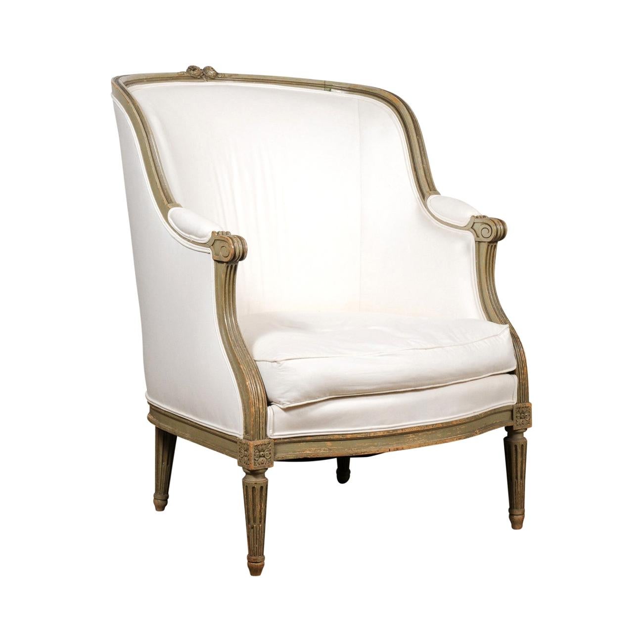 French Louis XVI Style 1880s Barrelback Bergère Armchair with New Upholstery