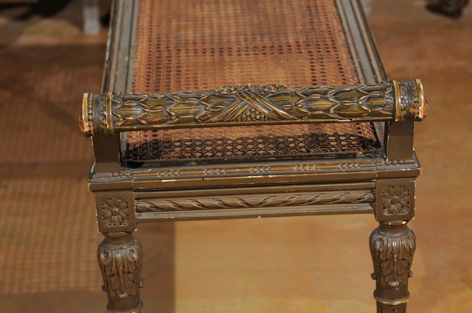 French Louis XVI Style 1880s Carved Bench with Cane Seat and Scrolling Arms 5