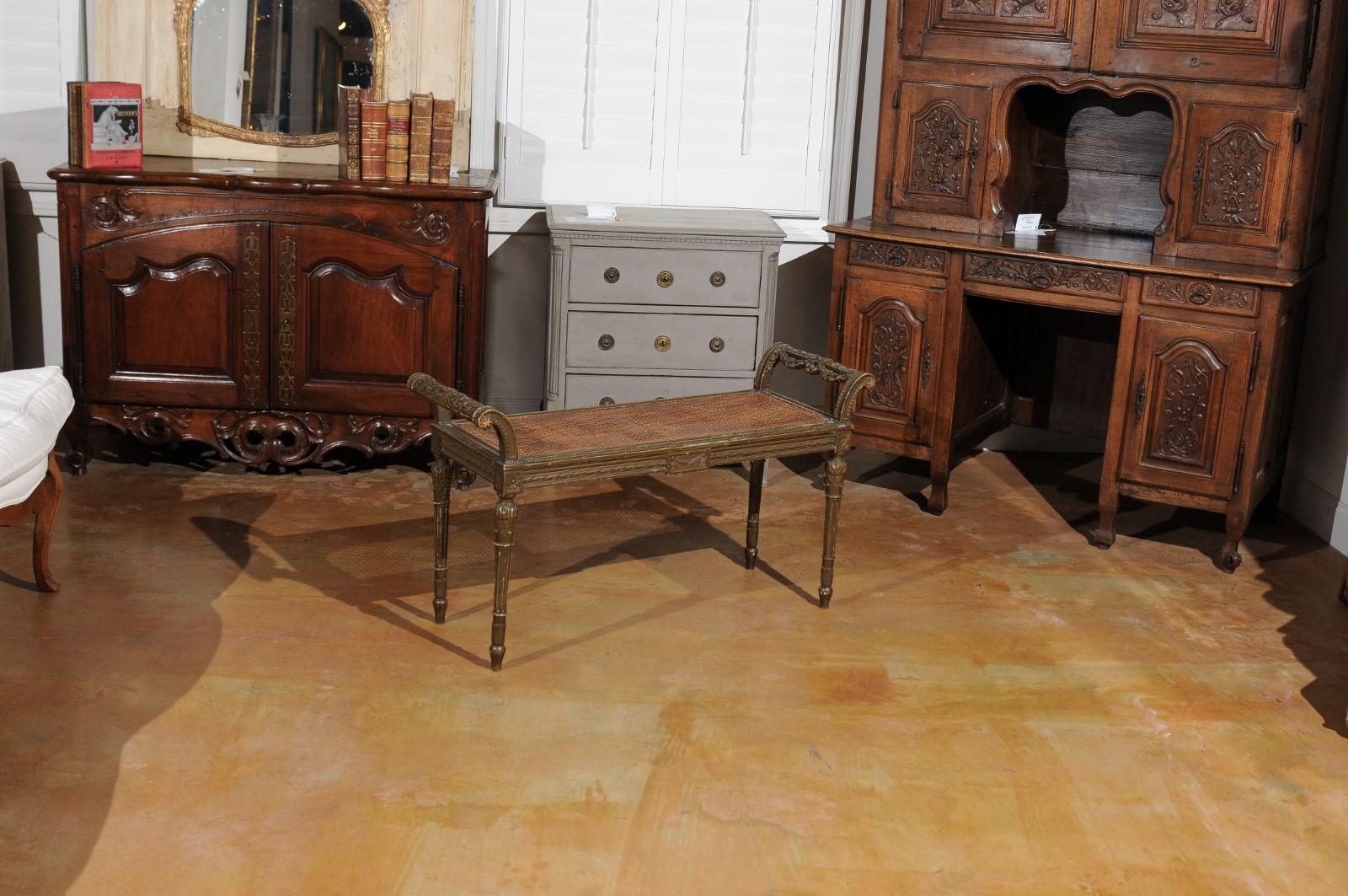 French Louis XVI Style 1880s Carved Bench with Cane Seat and Scrolling Arms In Good Condition In Atlanta, GA