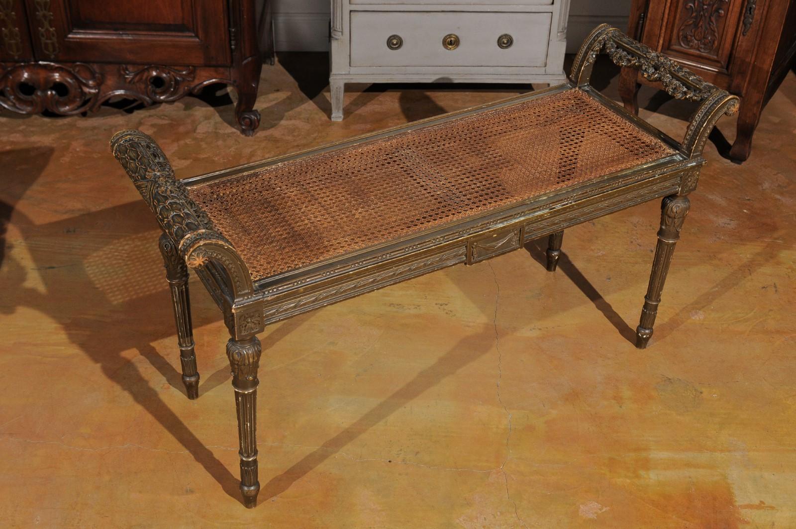 Wood French Louis XVI Style 1880s Carved Bench with Cane Seat and Scrolling Arms
