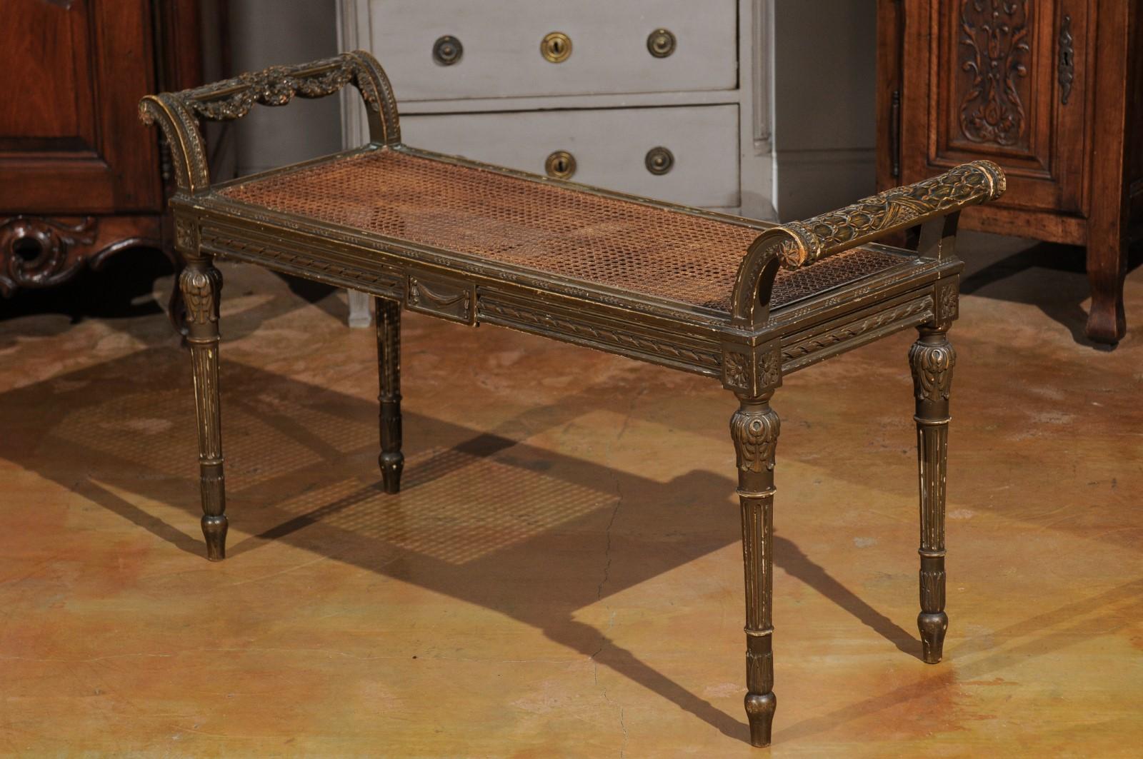 French Louis XVI Style 1880s Carved Bench with Cane Seat and Scrolling Arms 2