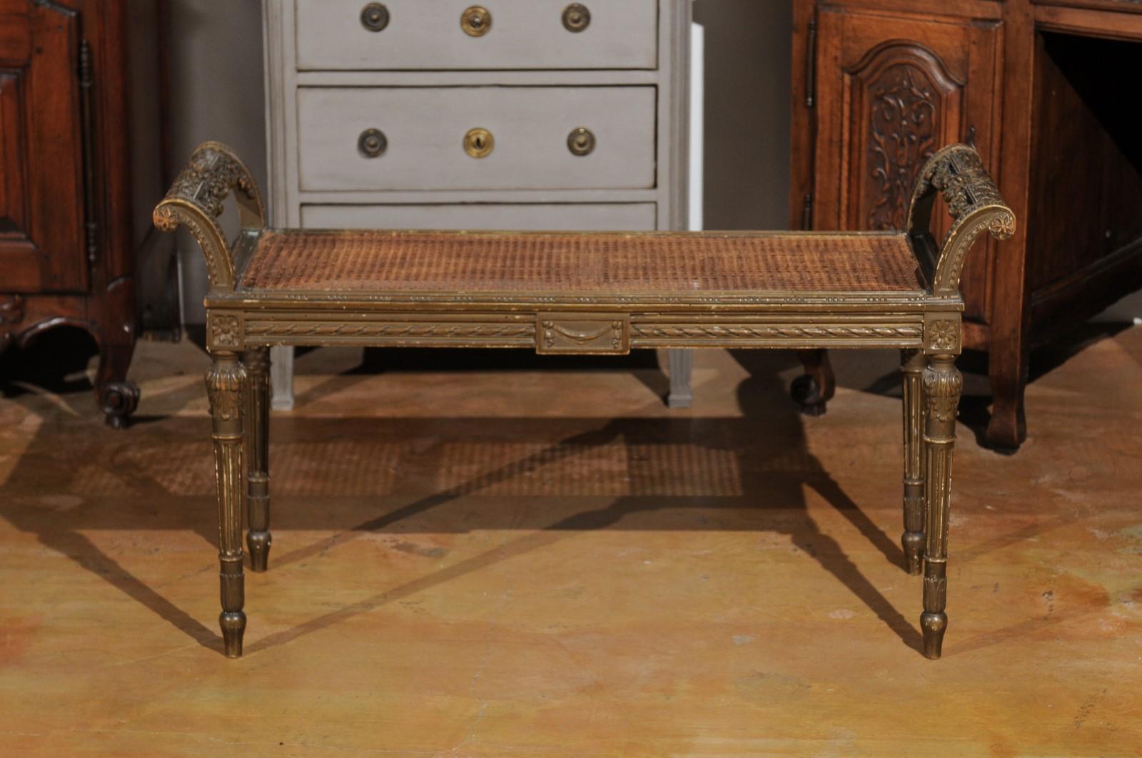 French Louis XVI Style 1880s Carved Bench with Cane Seat and Scrolling Arms 3
