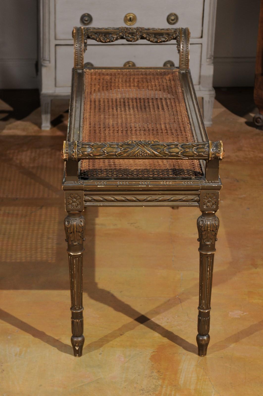 French Louis XVI Style 1880s Carved Bench with Cane Seat and Scrolling Arms 4