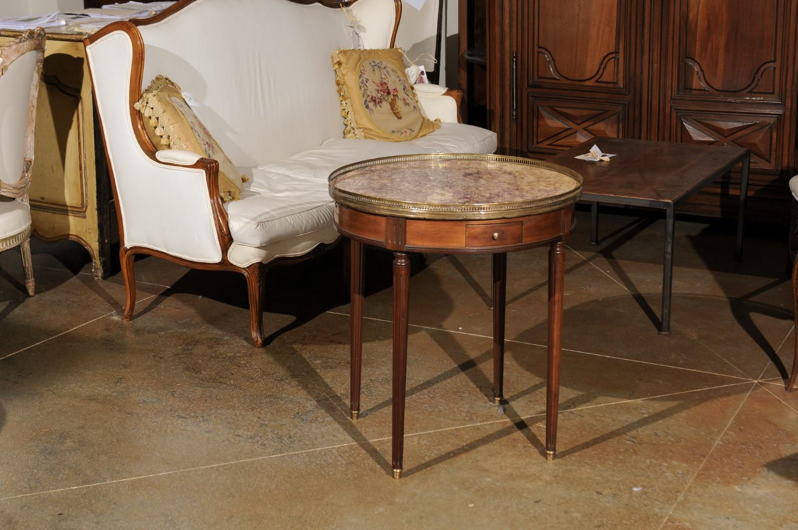 French Louis XVI Style 1890s Bouillotte Table with Marble Top and Brass Gallery In Good Condition For Sale In Atlanta, GA