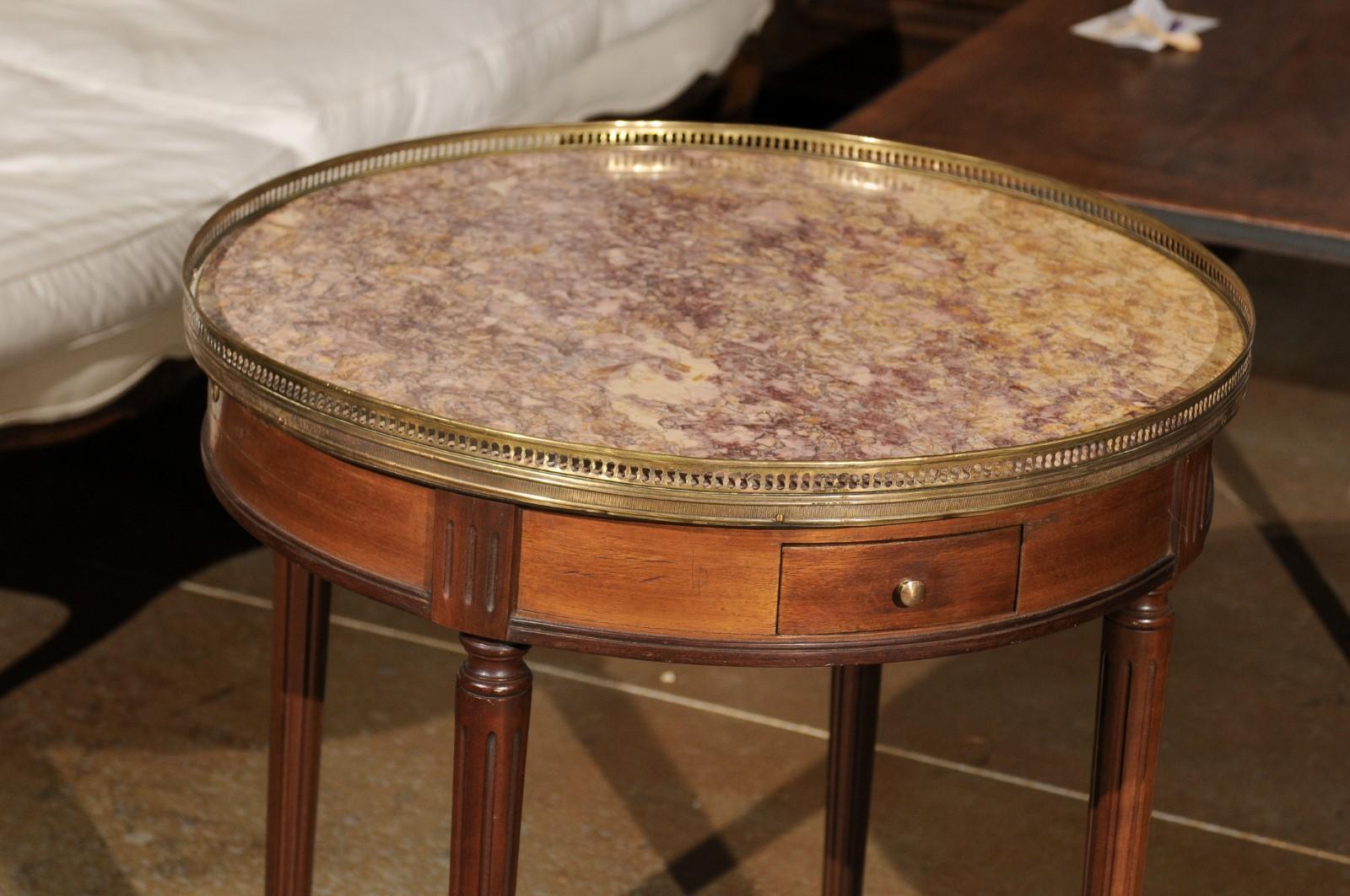 19th Century French Louis XVI Style 1890s Bouillotte Table with Marble Top and Brass Gallery For Sale