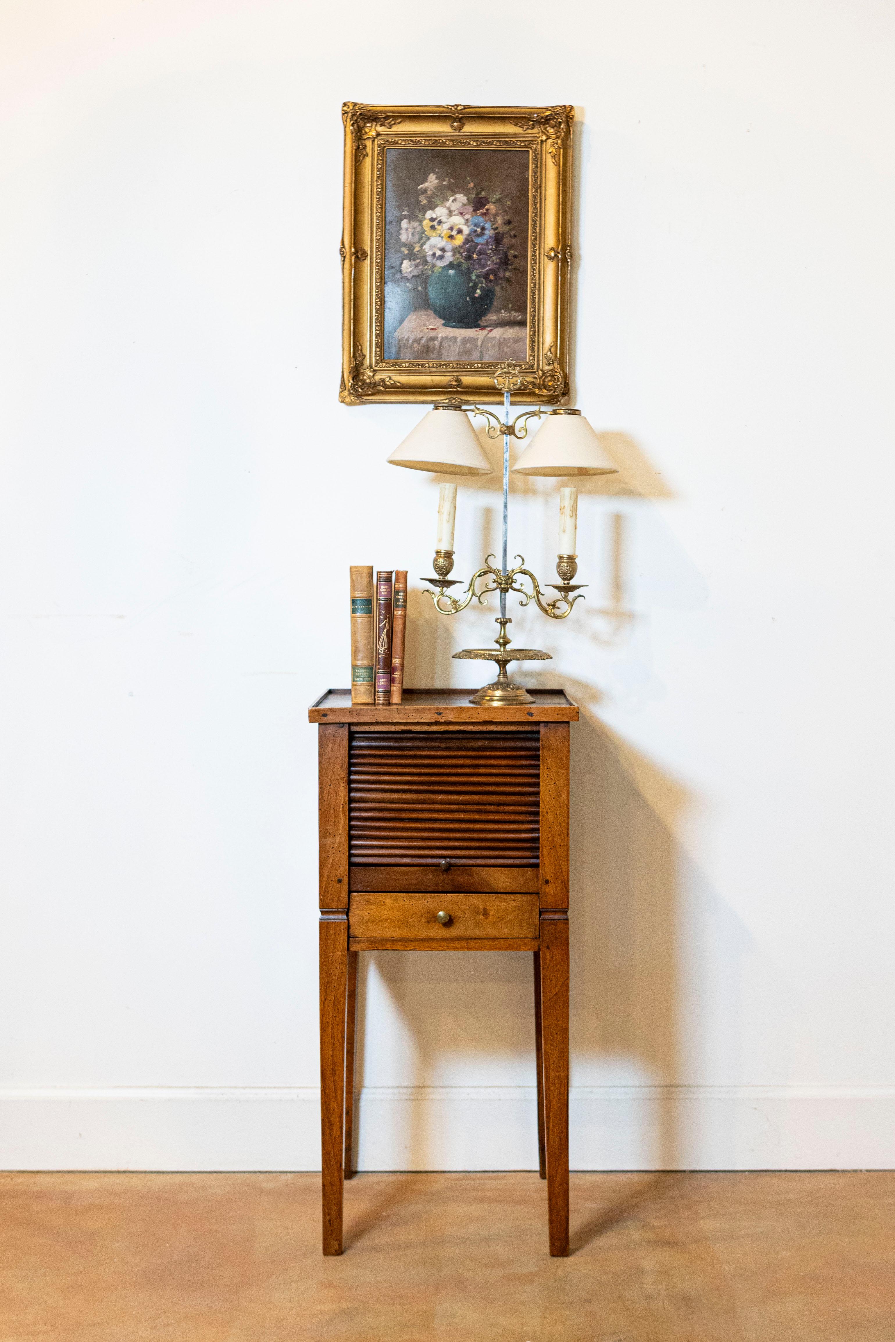 19th Century French Louis XVI Style 1890s Walnut Bedside Table with Tambour Door For Sale