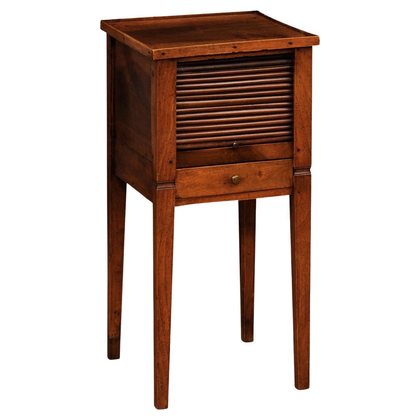 French Louis XVI Style 1890s Walnut Bedside Table with Tambour Door