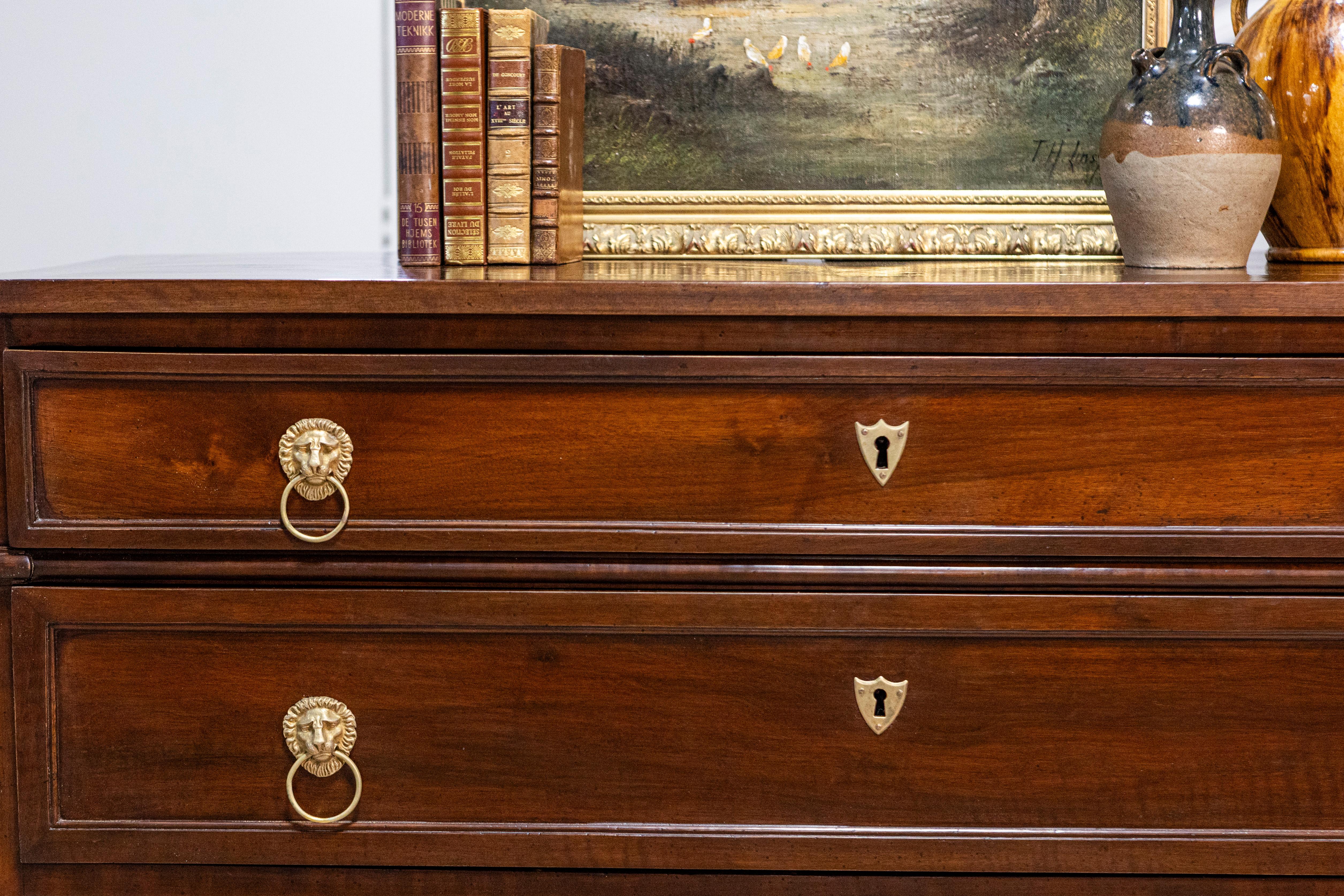 French Louis XVI Style 1890s Walnut Three-Drawer Commode with Lion Head Hardware For Sale 9