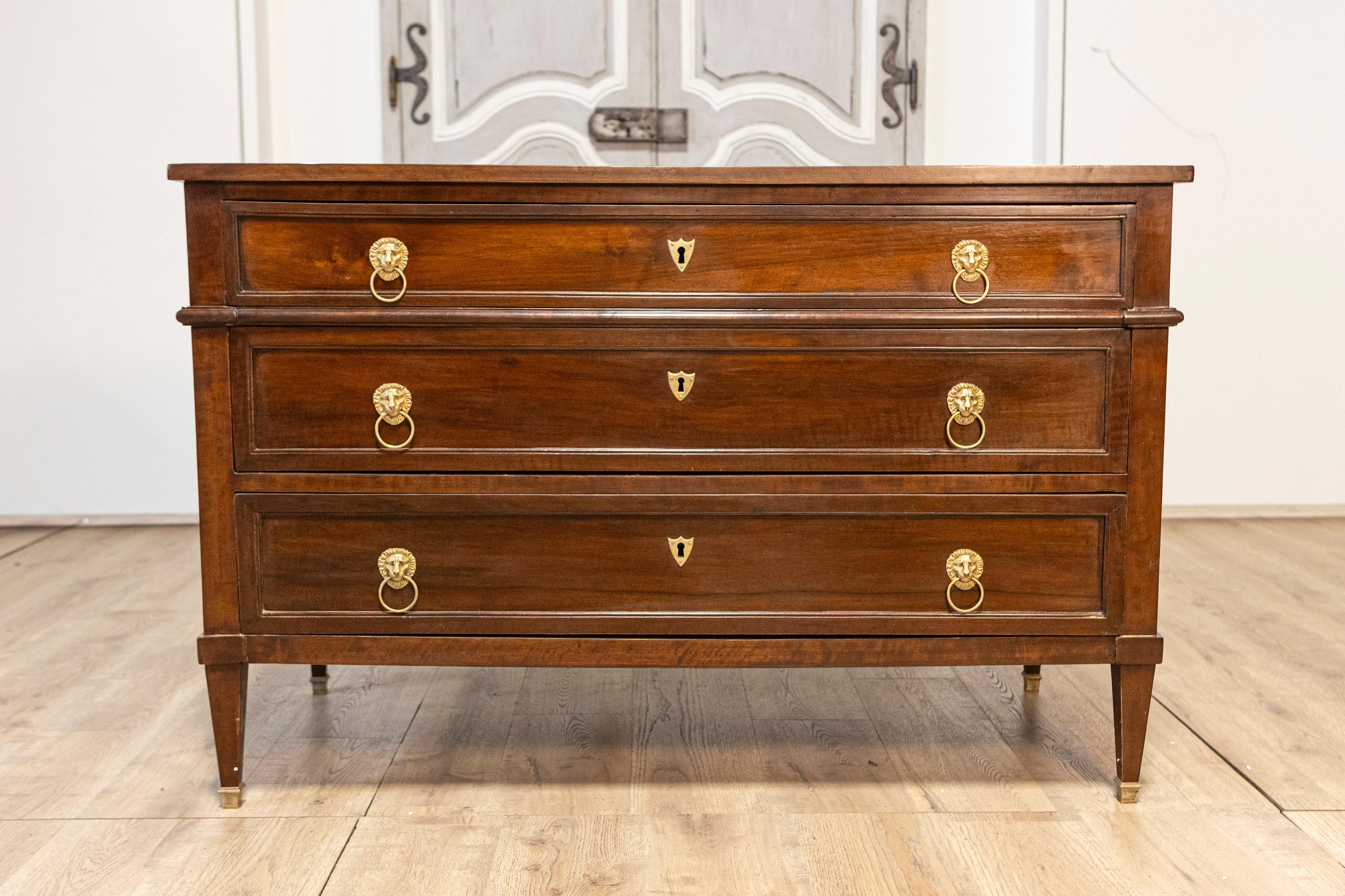 French Louis XVI Style 1890s Walnut Three-Drawer Commode with Lion Head Hardware In Good Condition For Sale In Atlanta, GA