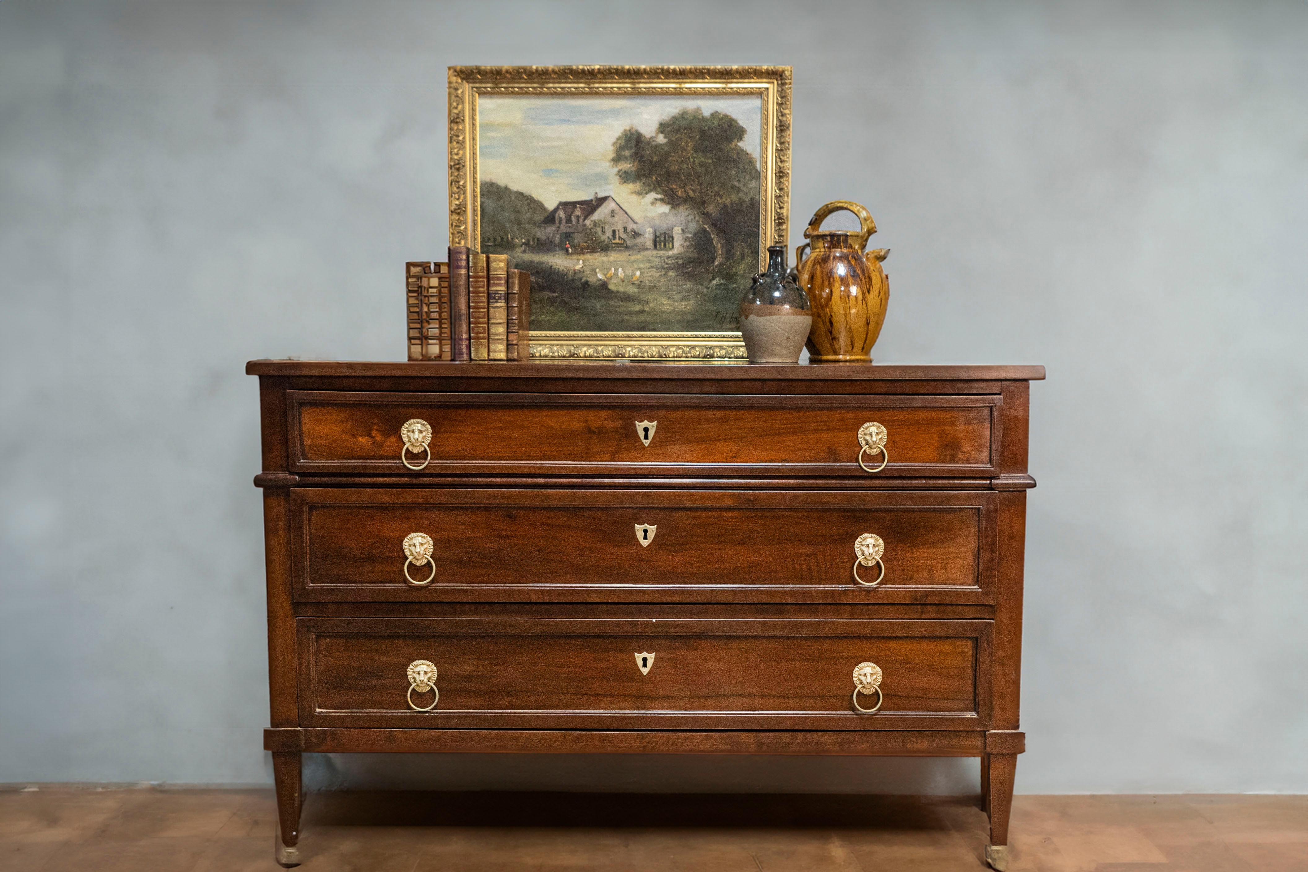 Brass French Louis XVI Style 1890s Walnut Three-Drawer Commode with Lion Head Hardware For Sale