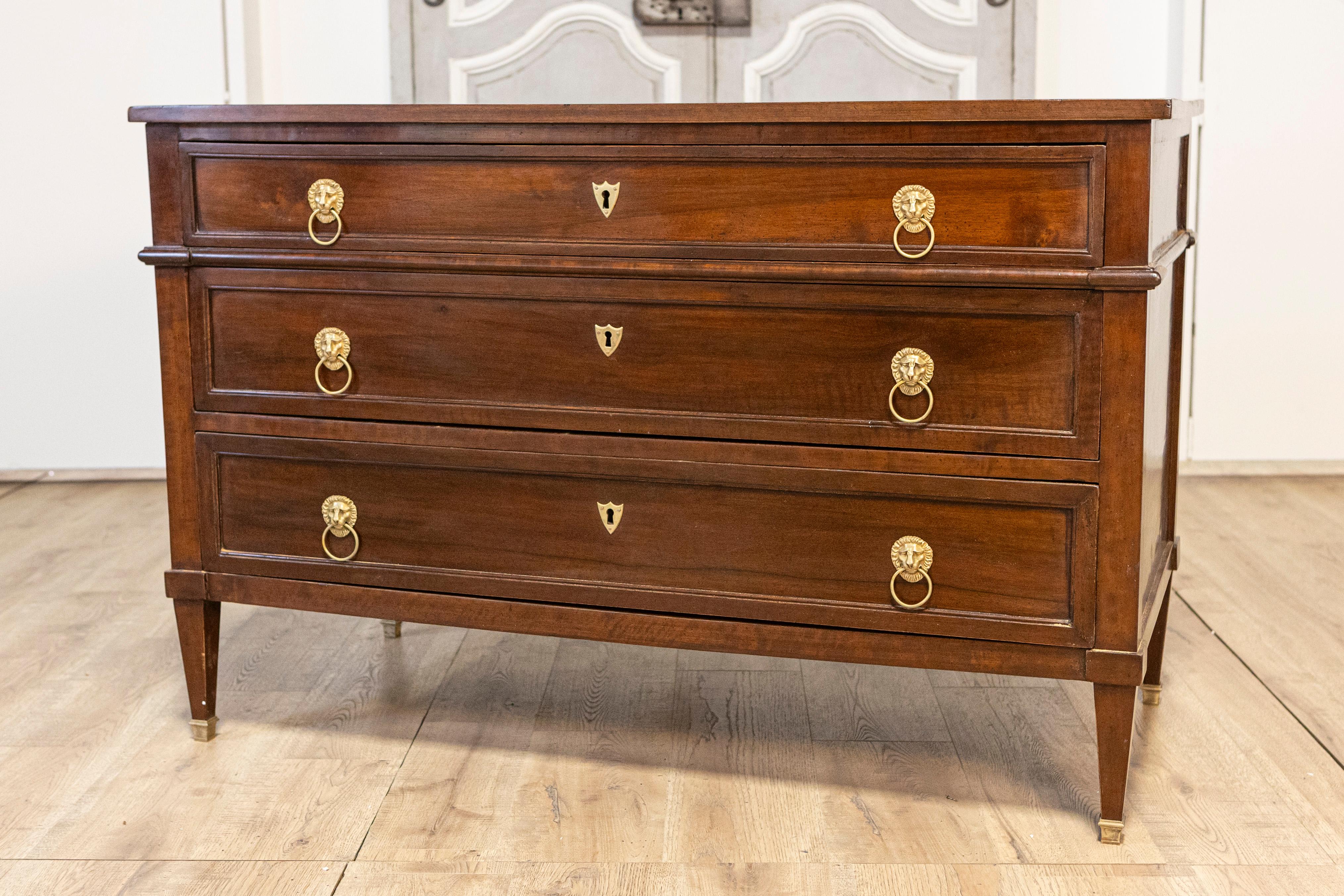 French Louis XVI Style 1890s Walnut Three-Drawer Commode with Lion Head Hardware For Sale 2