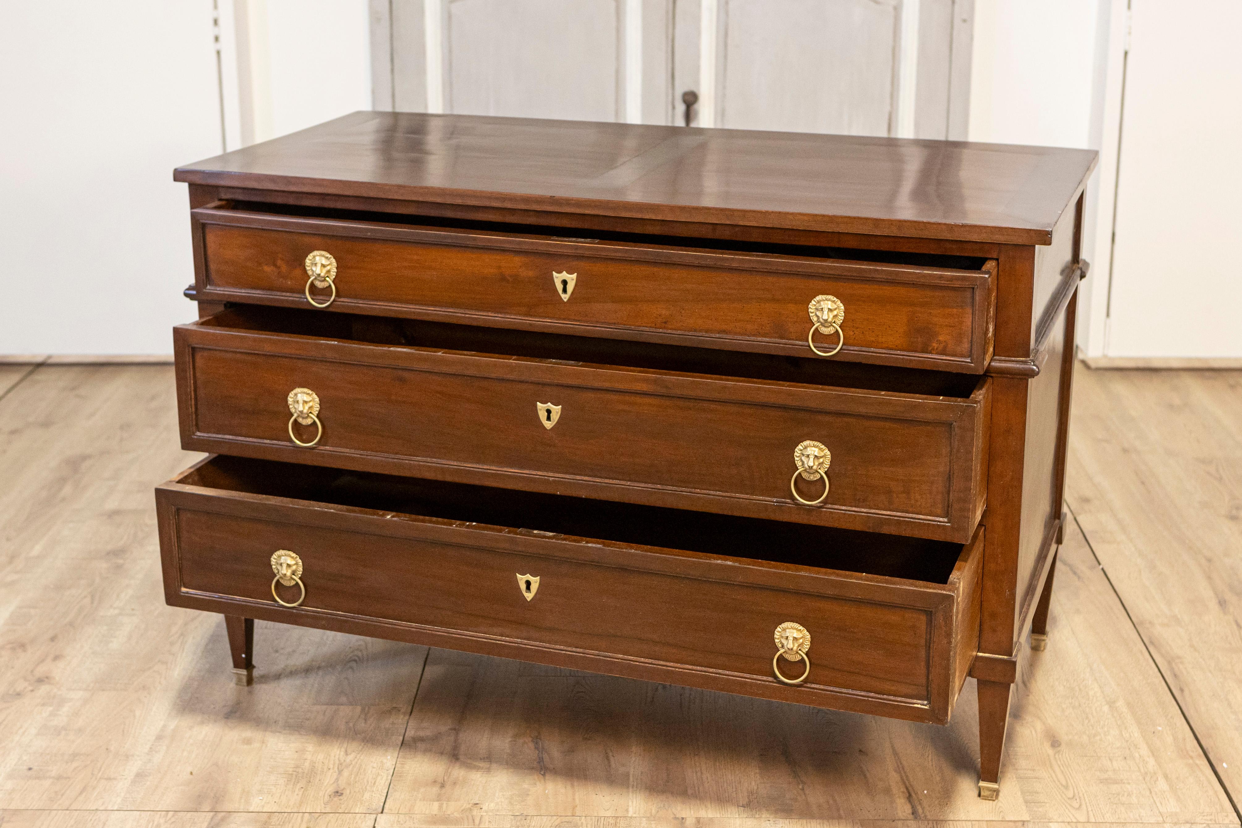 French Louis XVI Style 1890s Walnut Three-Drawer Commode with Lion Head Hardware For Sale 4