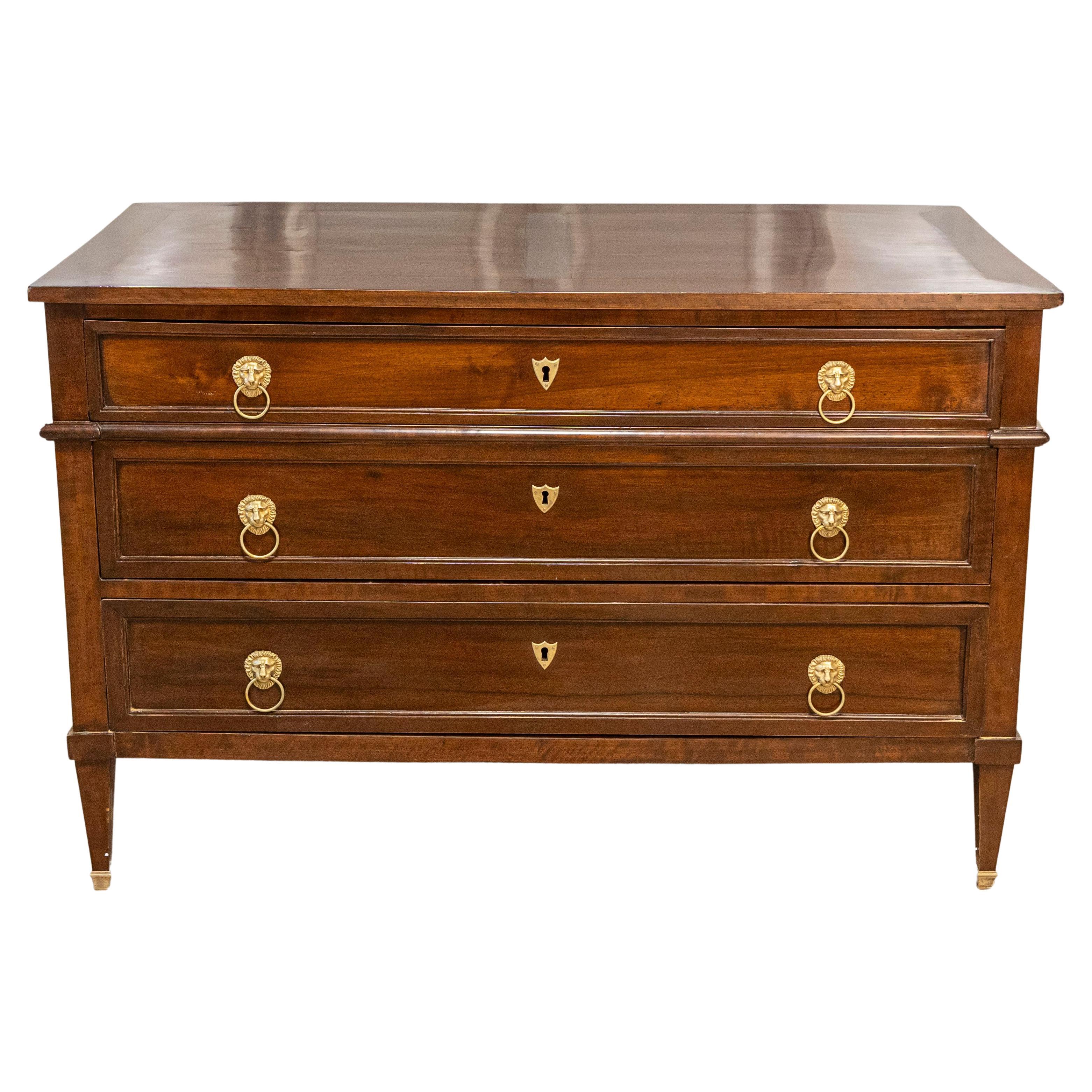 French Louis XVI Style 1890s Walnut Three-Drawer Commode with Lion Head Hardware For Sale