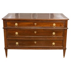 French Louis XVI Style 1890s Walnut Three-Drawer Commode with Lion Head Hardware