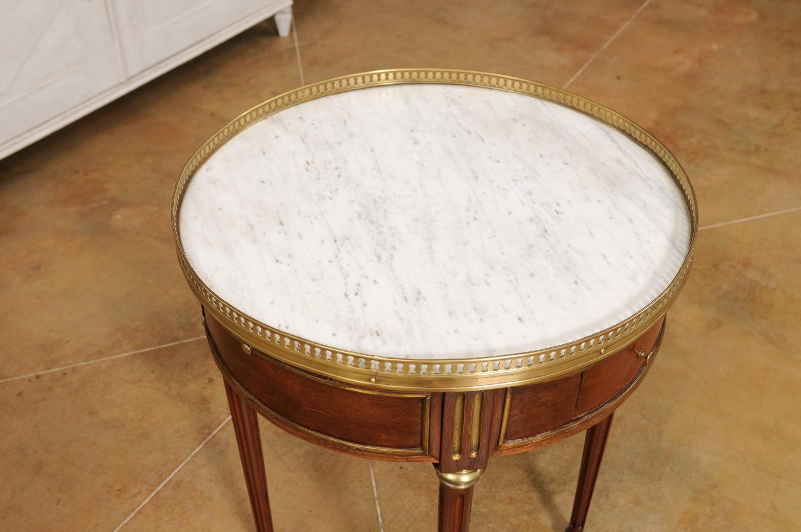 Brass French Louis XVI Style 1890s Wooden Bouillotte Table with White Marble Top