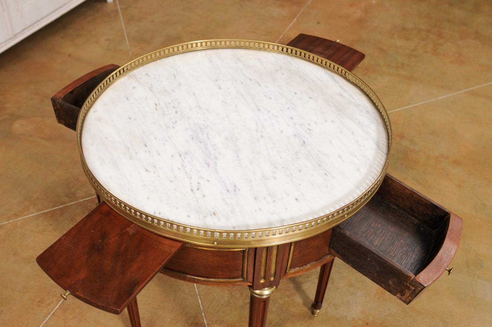 French Louis XVI Style 1890s Wooden Bouillotte Table with White Marble Top 1