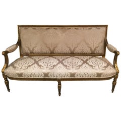 French Louis XVI-Style 19th Century Giltwood Settee with White Silk Fabric