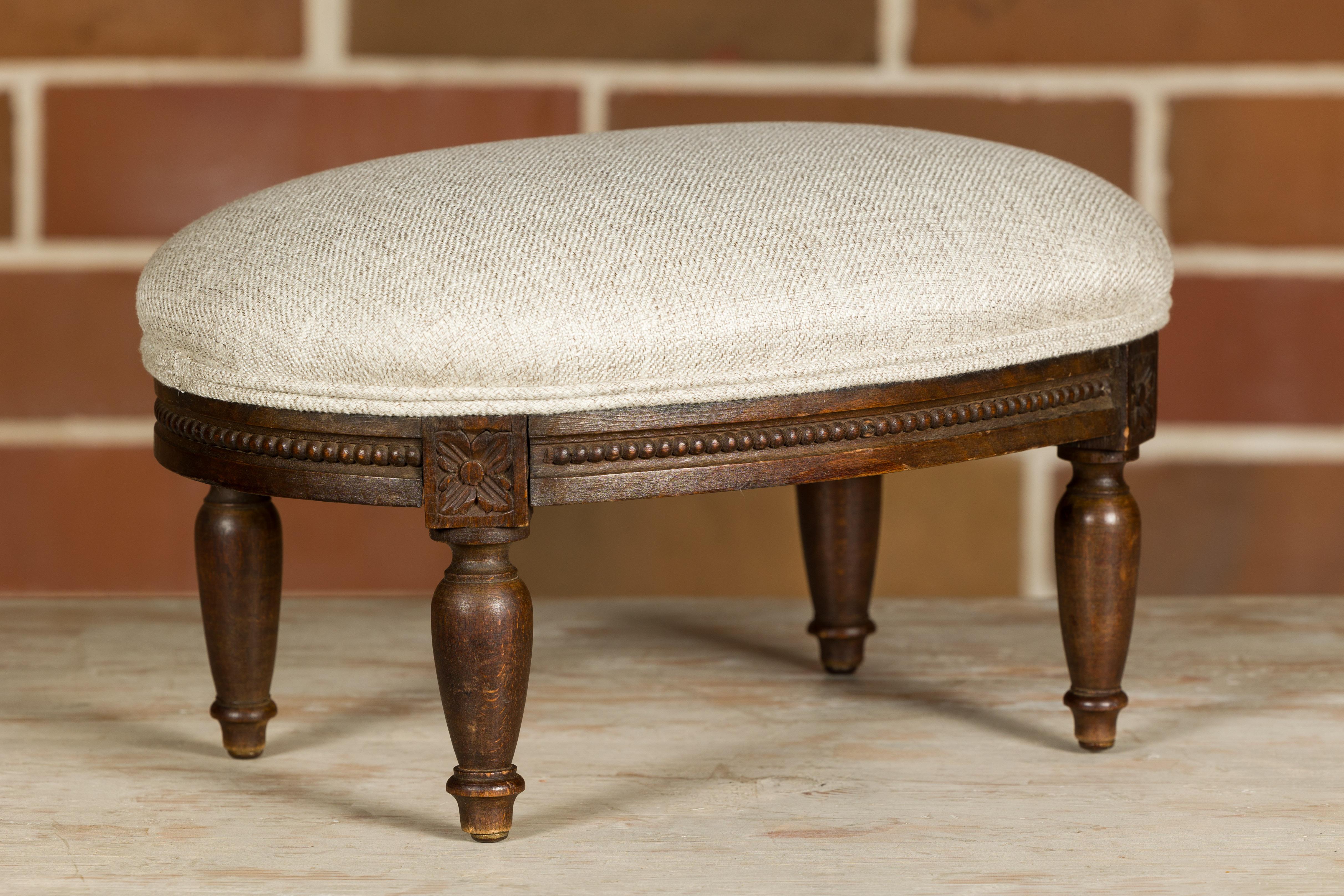 Upholstery French Louis XVI Style 1900s Footstool with Carved Rosettes and Beads For Sale