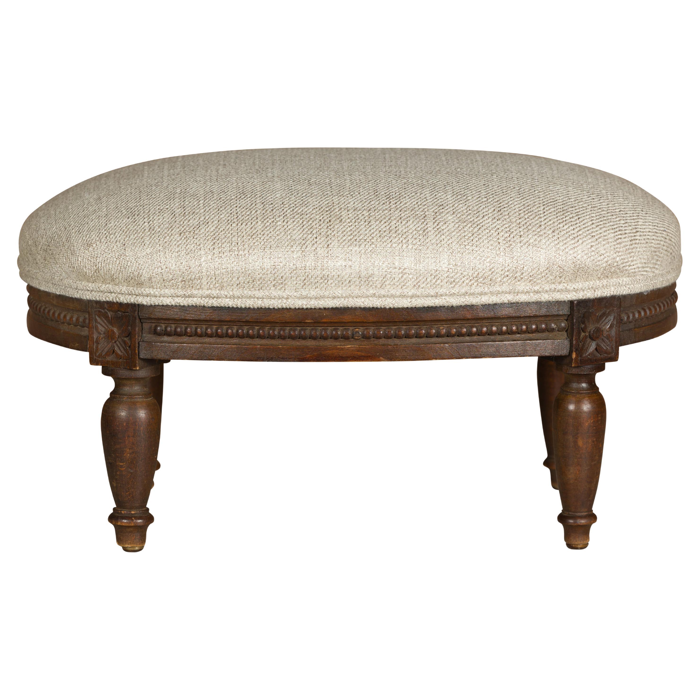 French Louis XVI Style 1900s Footstool with Carved Rosettes and Beads