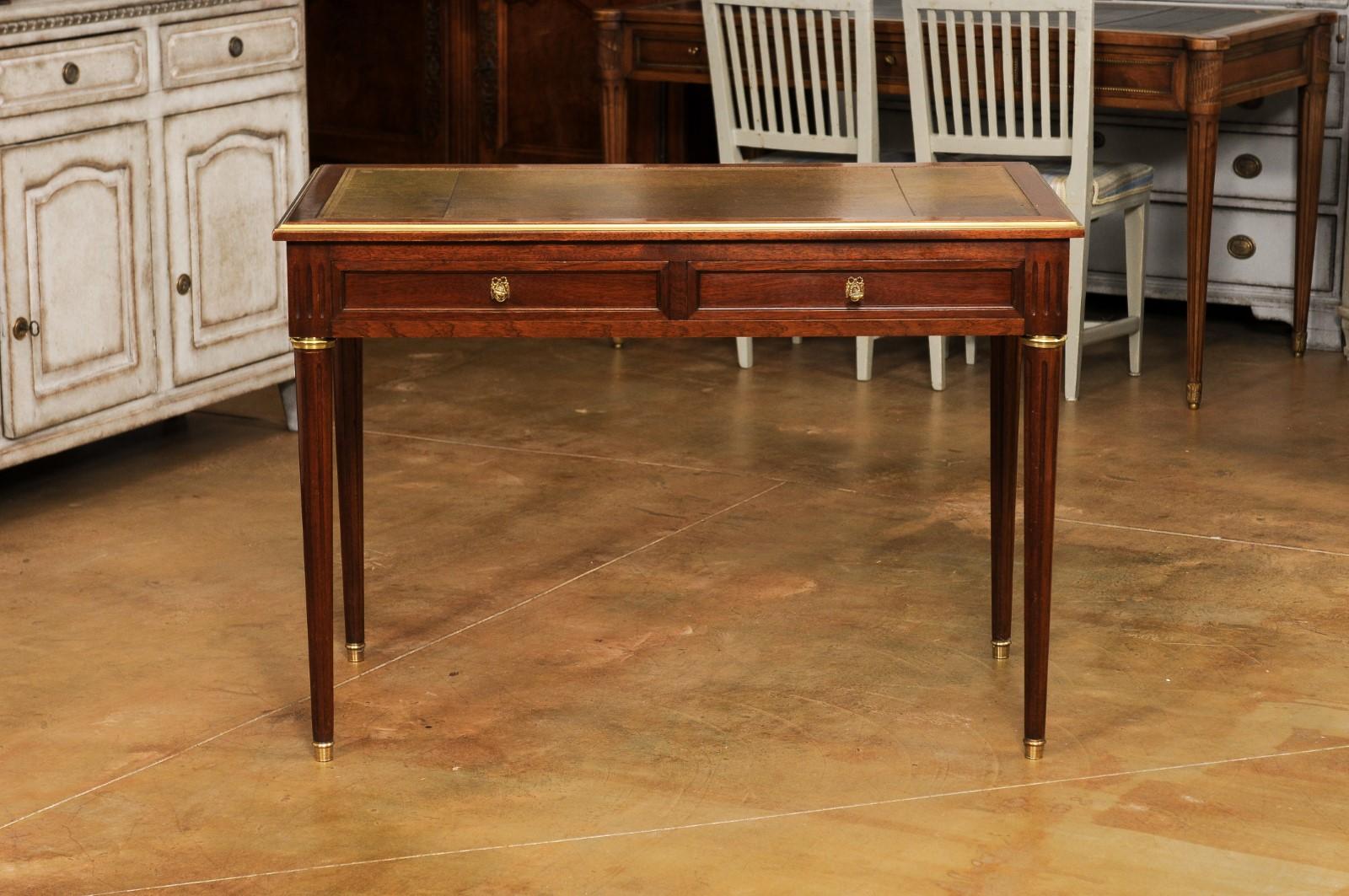 French Louis XVI Style 1900s Mahogany and Bronze Desk with Olive Leather Top 9