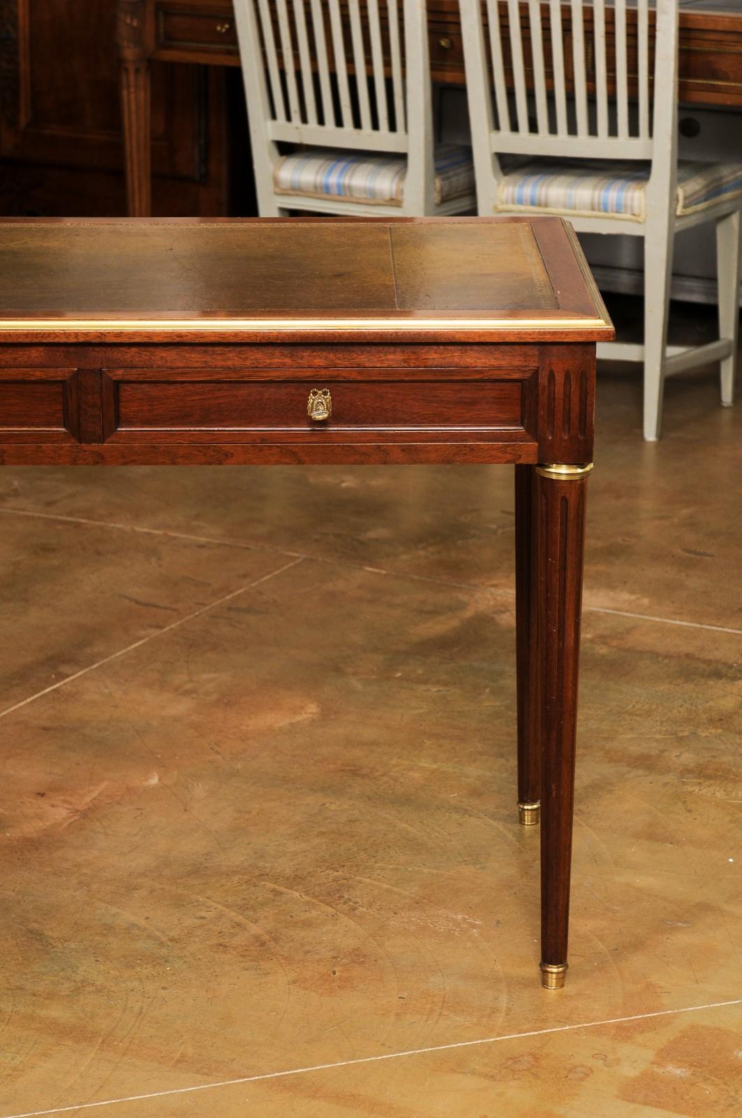 French Louis XVI Style 1900s Mahogany and Bronze Desk with Olive Leather Top 10