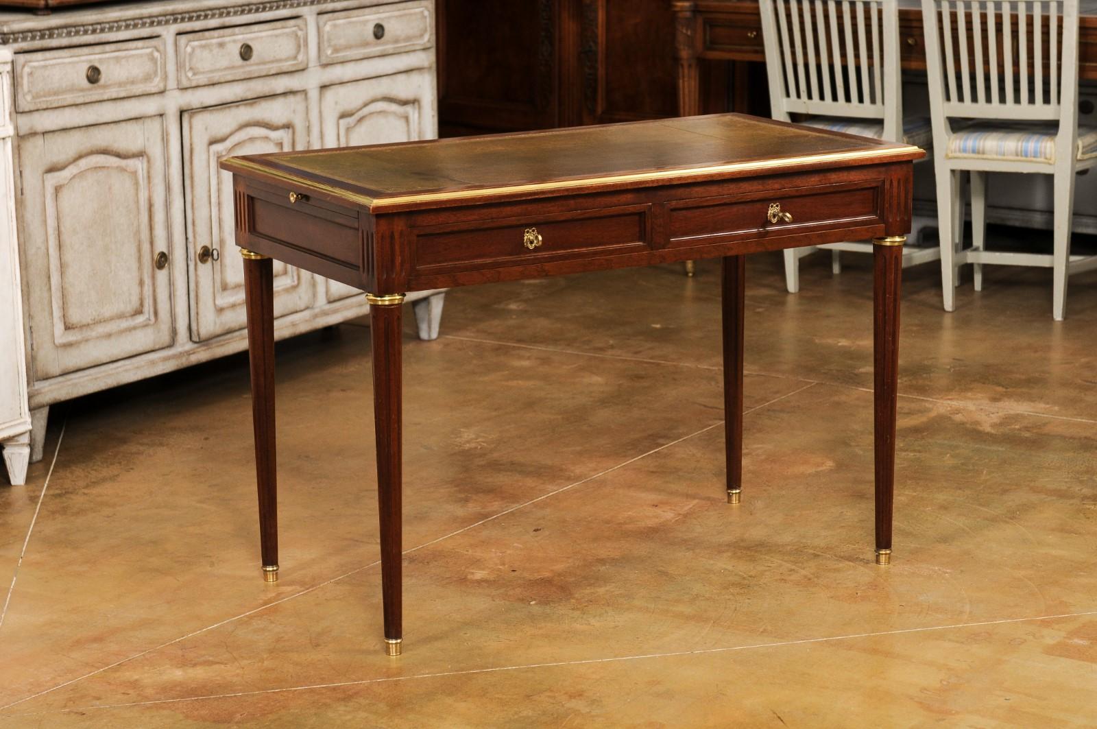 Veneer French Louis XVI Style 1900s Mahogany and Bronze Desk with Olive Leather Top