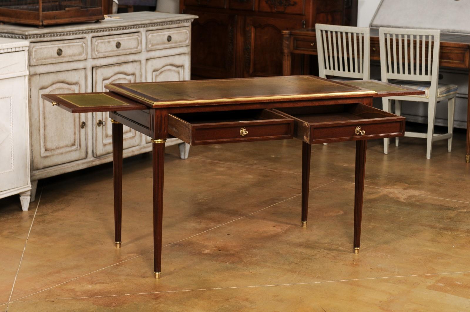 French Louis XVI Style 1900s Mahogany and Bronze Desk with Olive Leather Top In Good Condition In Atlanta, GA