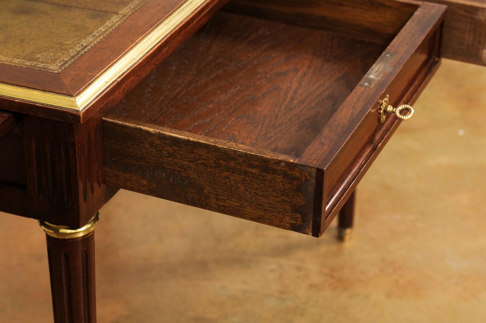 20th Century French Louis XVI Style 1900s Mahogany and Bronze Desk with Olive Leather Top