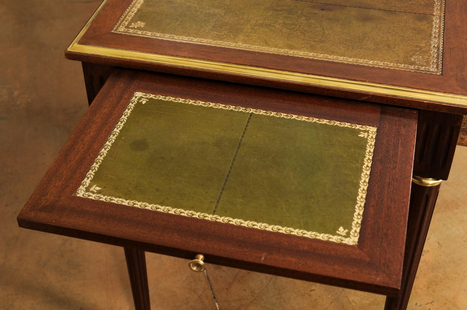 French Louis XVI Style 1900s Mahogany and Bronze Desk with Olive Leather Top 2
