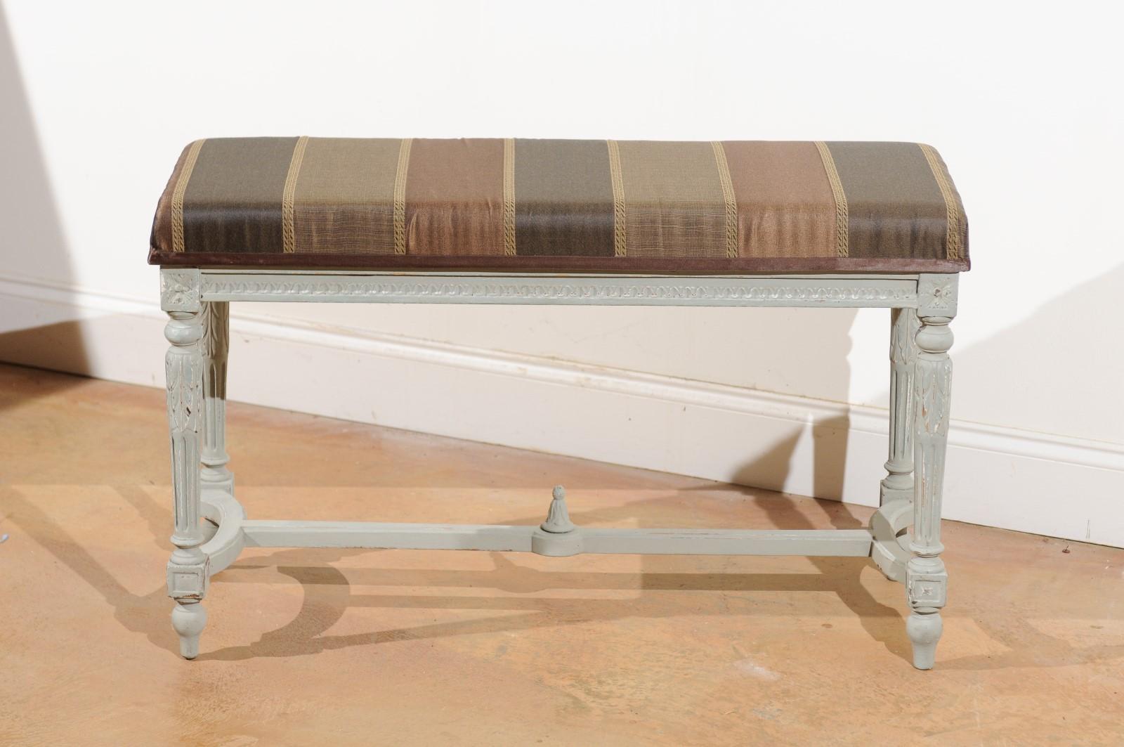 Carved French Louis XVI Style 1910s Two-Seat Painted Piano Bench with New Upholstery