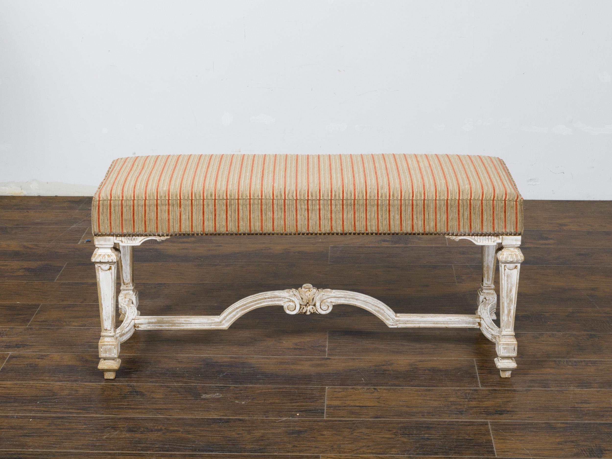 French Louis XVI Style 1950s Off White Painted Bench with Carved Cross Stretcher 8
