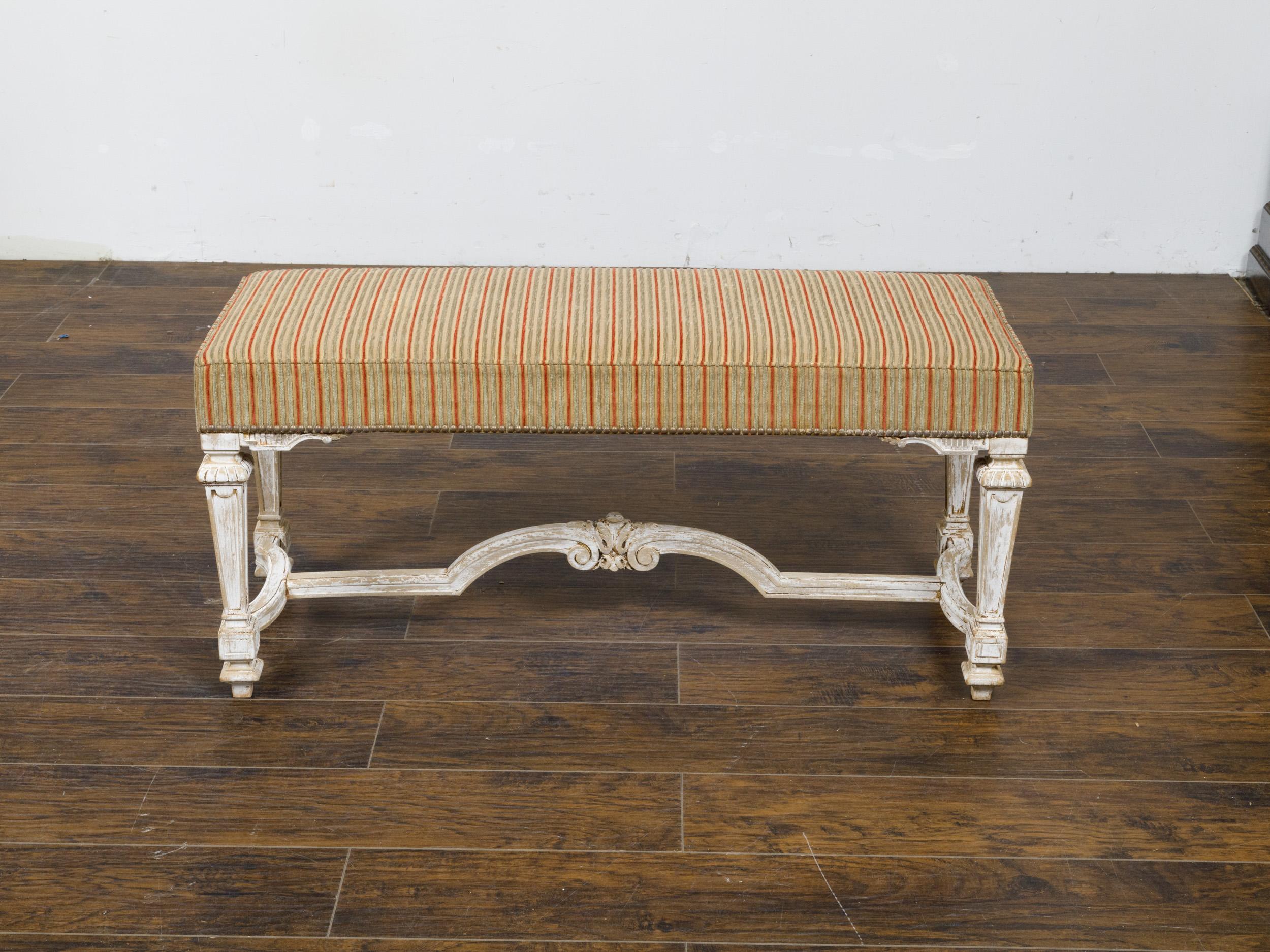 20th Century French Louis XVI Style 1950s Off White Painted Bench with Carved Cross Stretcher For Sale