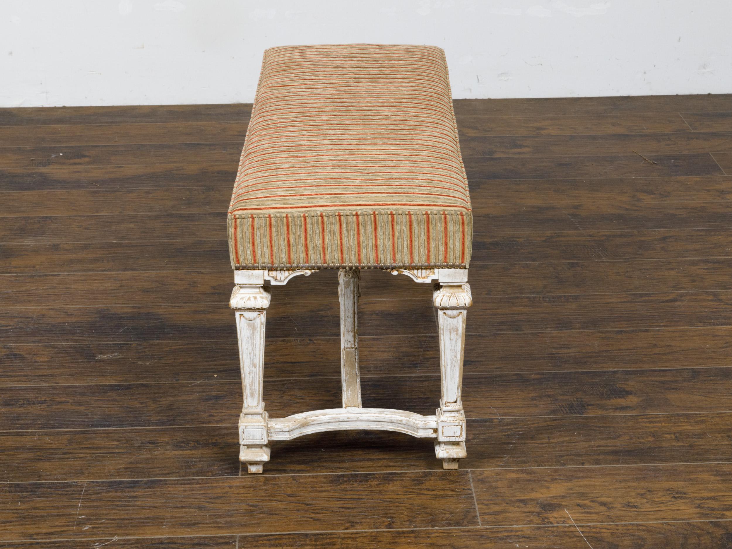 Upholstery French Louis XVI Style 1950s Off White Painted Bench with Carved Cross Stretcher