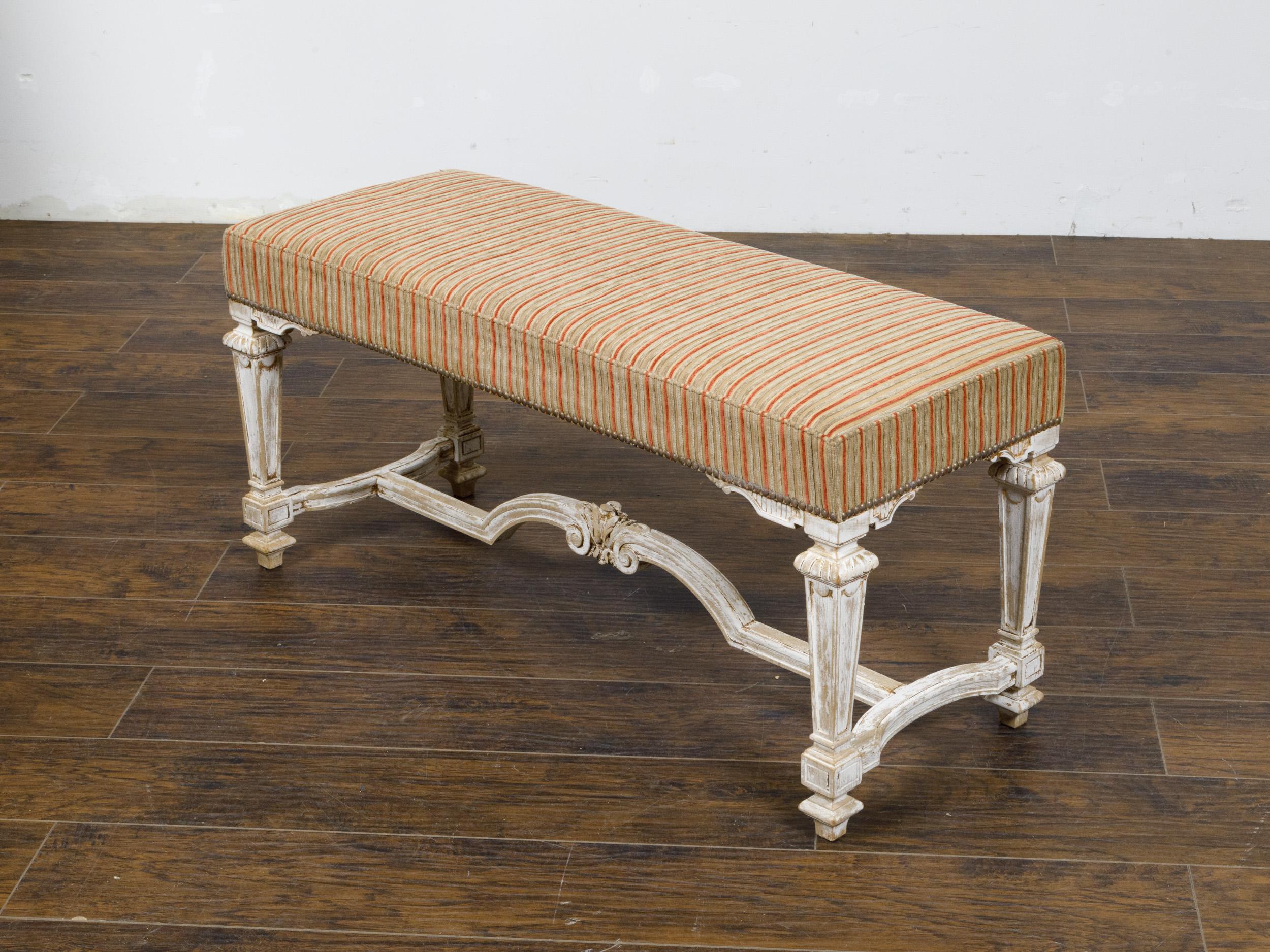 French Louis XVI Style 1950s Off White Painted Bench with Carved Cross Stretcher For Sale 1